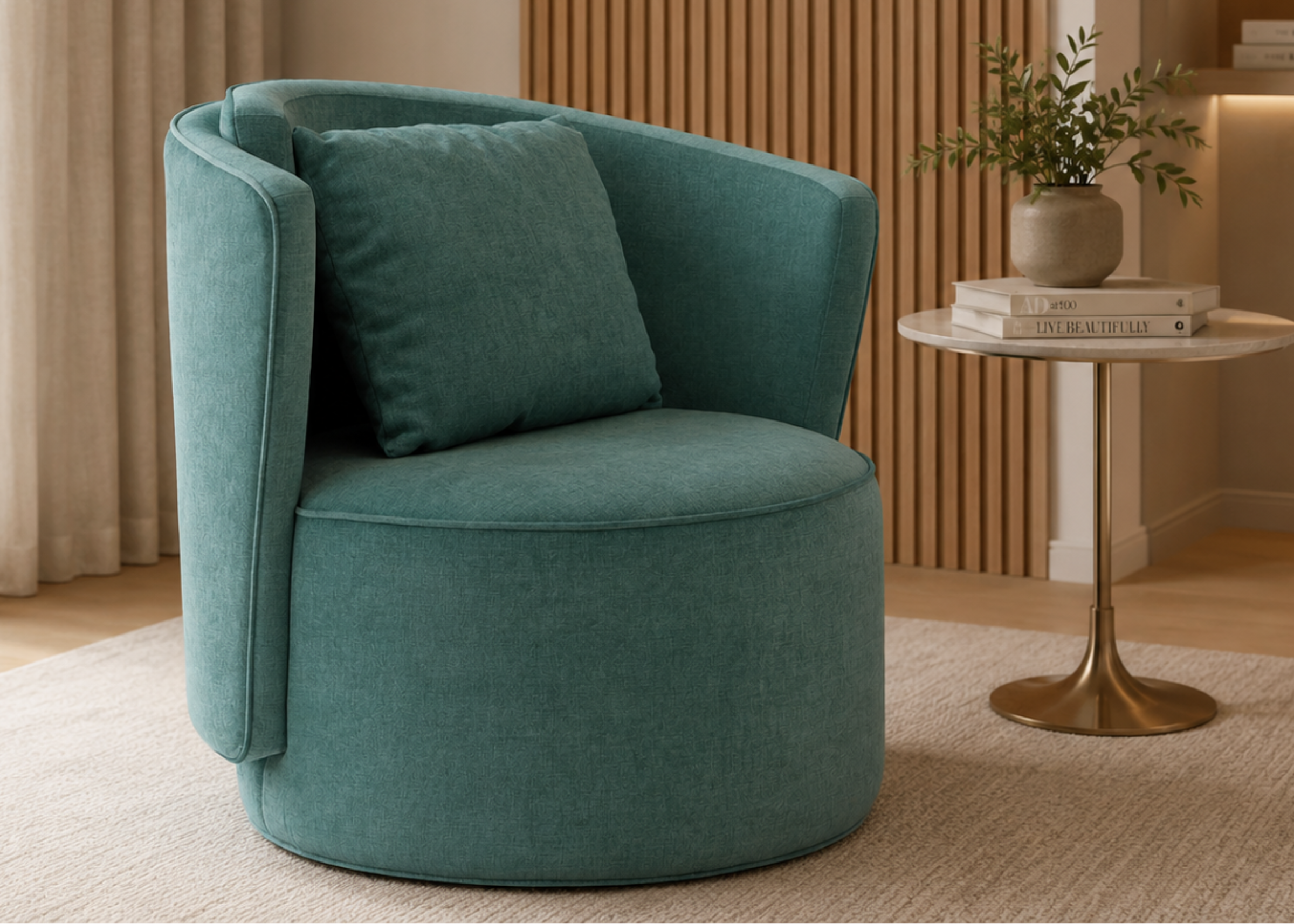 Poltrona Nysa estofada com encosto envolvente e almofada solta, oferecendo conforto e elegância em salas modernas.