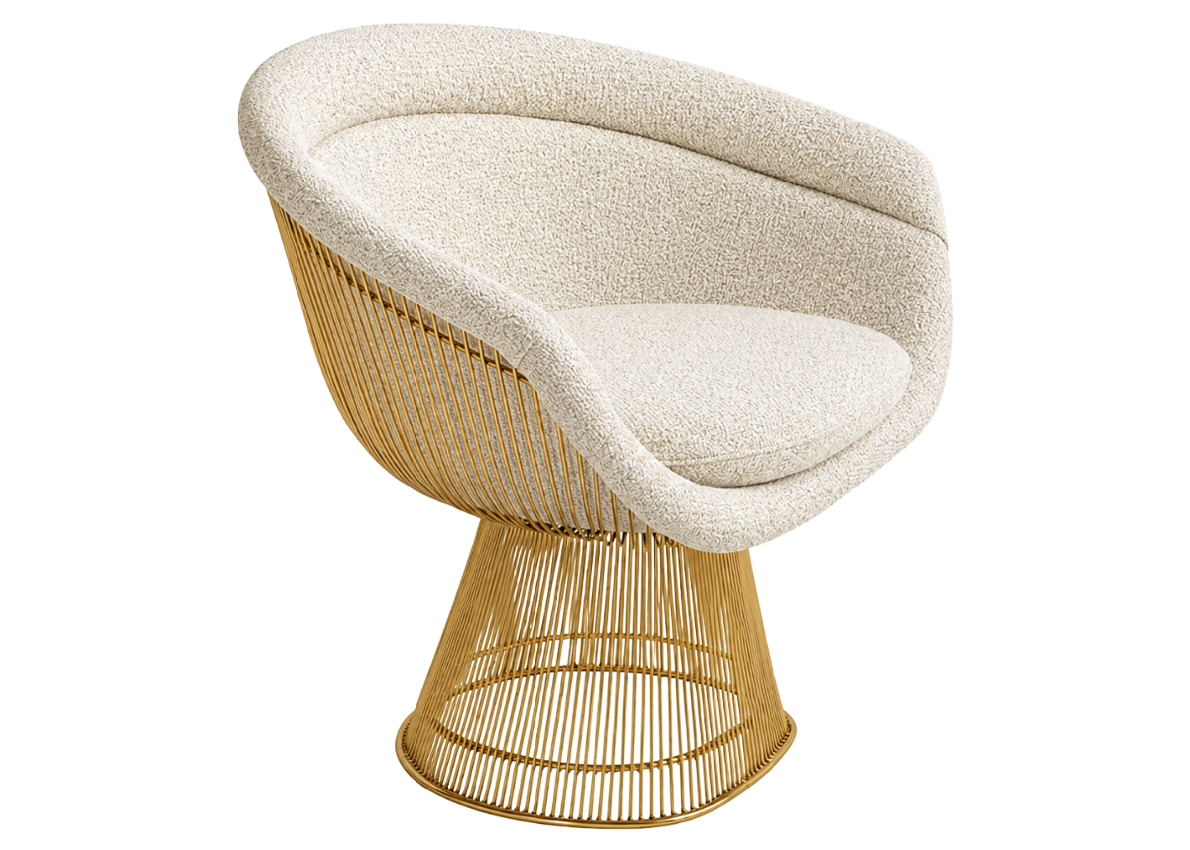 Poltrona Platner com base em aço inox 304 e assento estofado, peça icônica do design moderno para ambientes sofisticados.