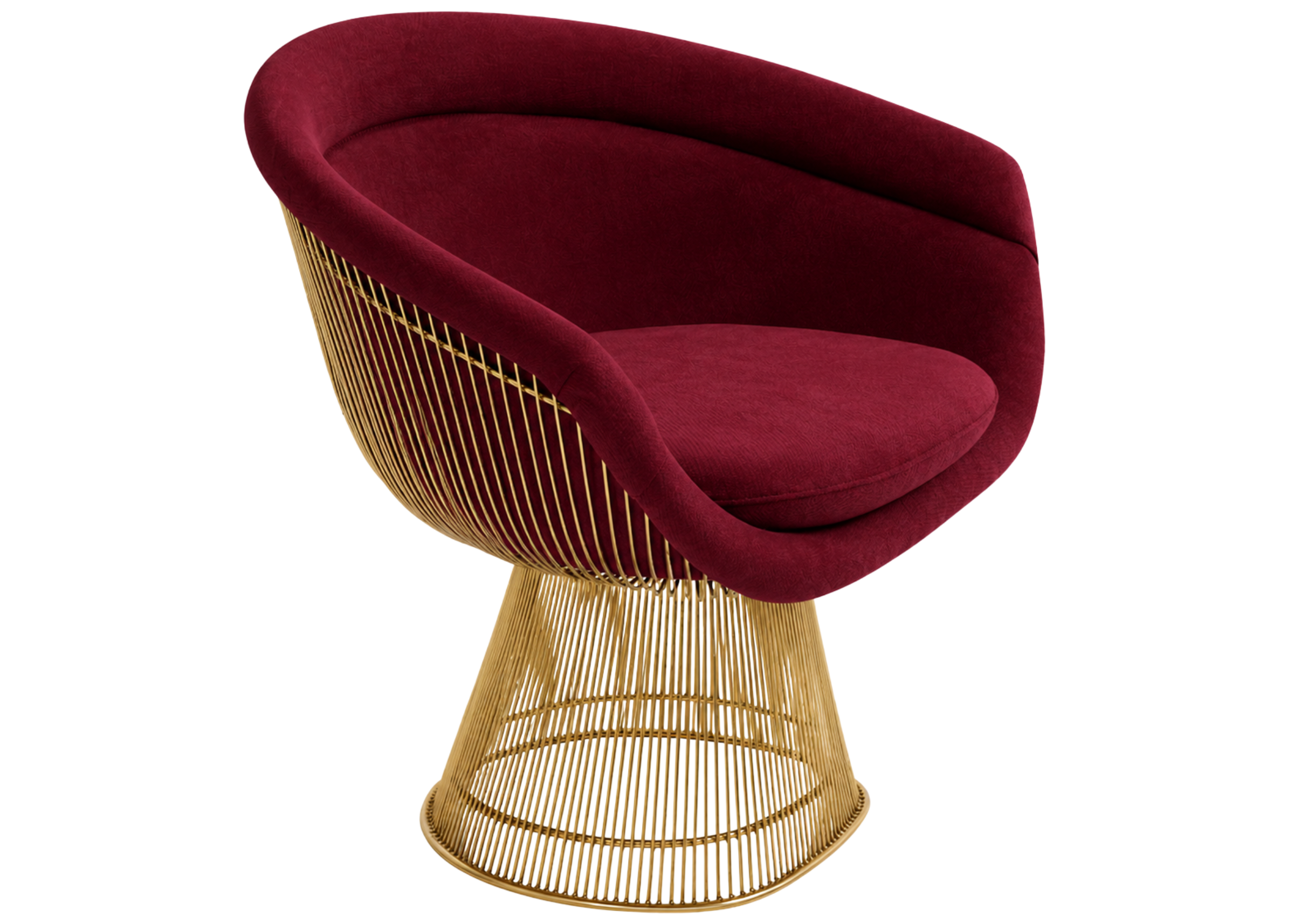 Poltrona Platner com estrutura metálica em aço inox e estofado em tecido claro, elegante e confortável para salas contemporâneas.
