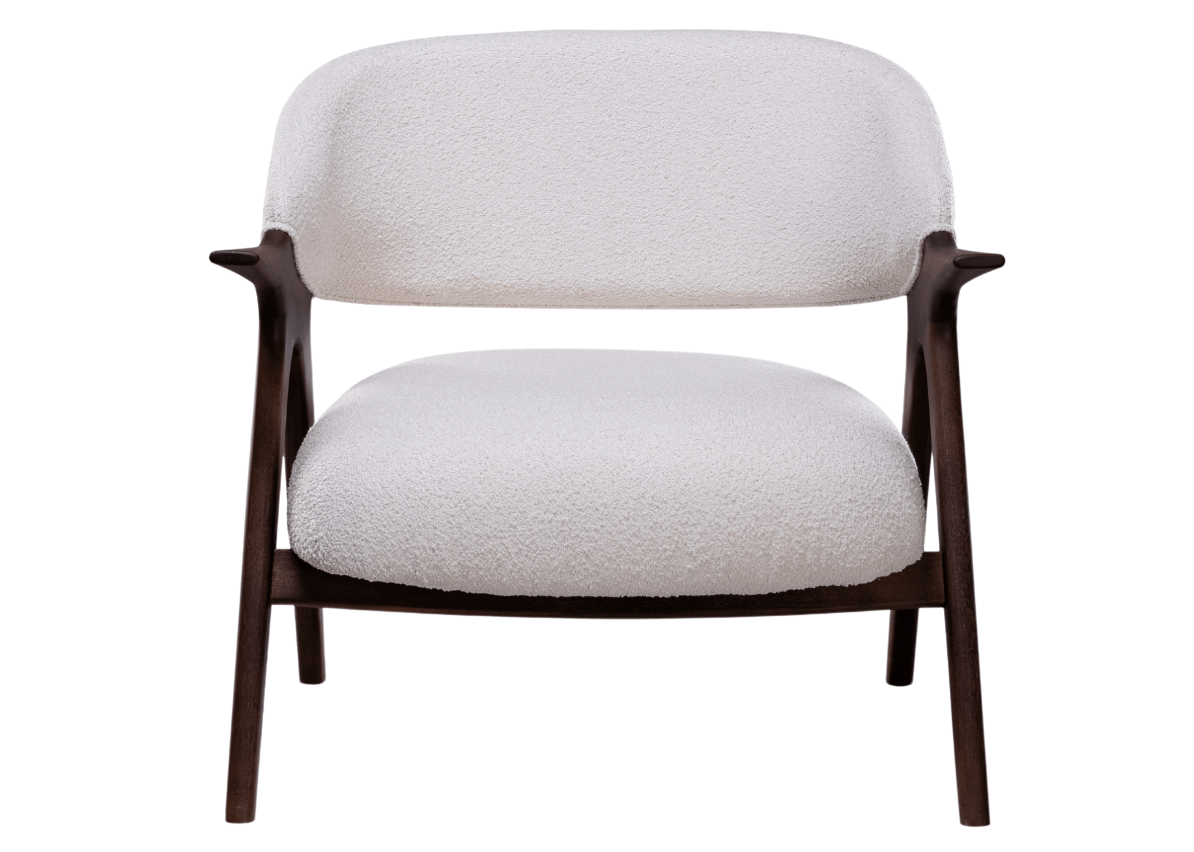 Poltrona Simple com base em madeira escura e estofado claro para compor ambiente moderno.