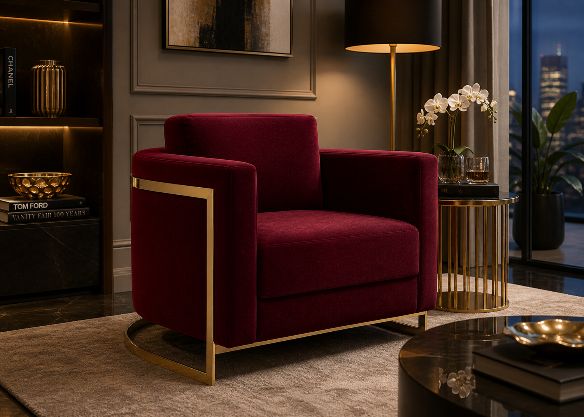 Poltrona Volpi com estrutura refinada e visual marcante, ideal para ambientes luxuosos e aconchegantes.