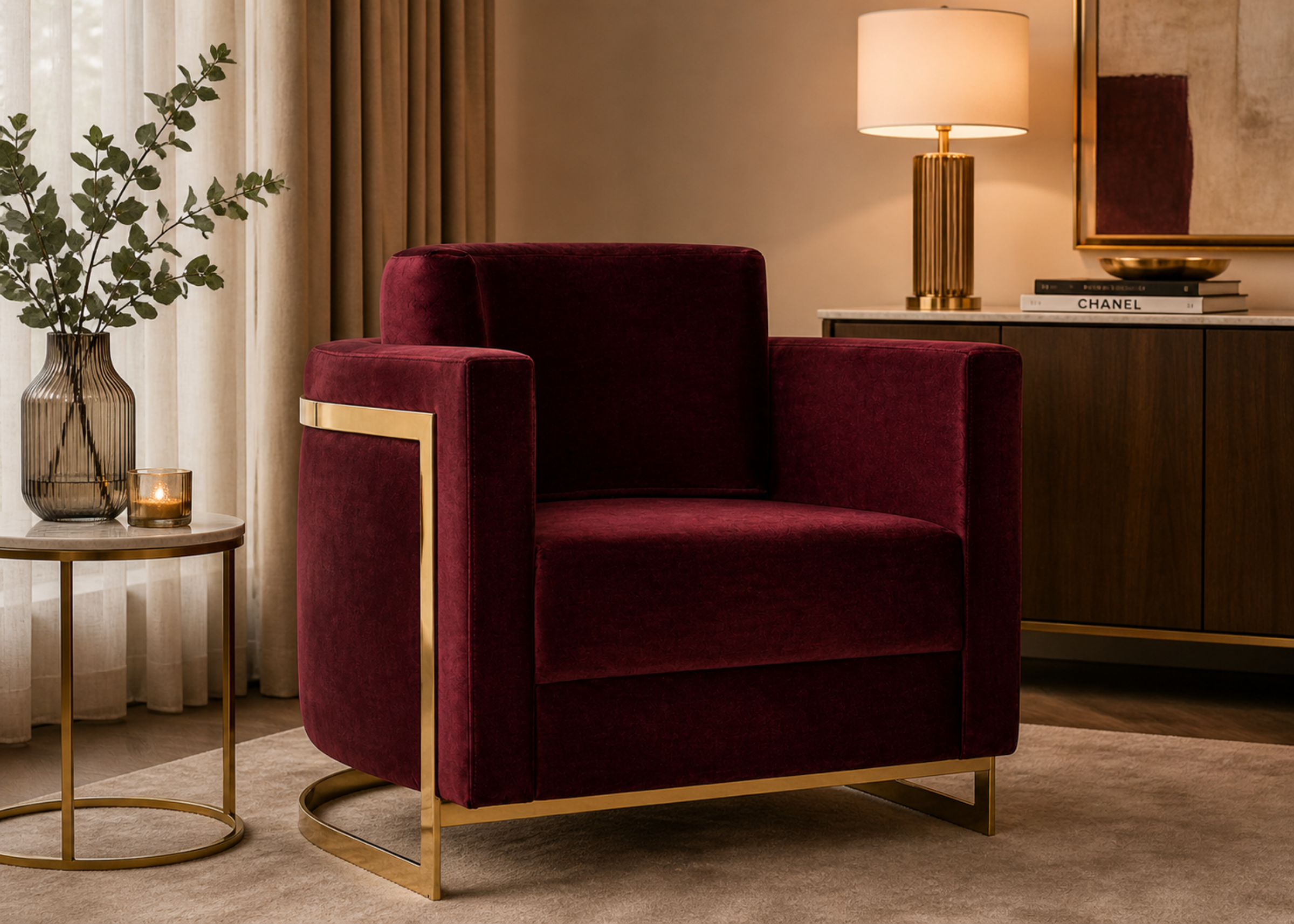 Poltrona Volpi com detalhe em inox nas costas e linhas modernas, móvel sofisticado para decoração contemporânea.