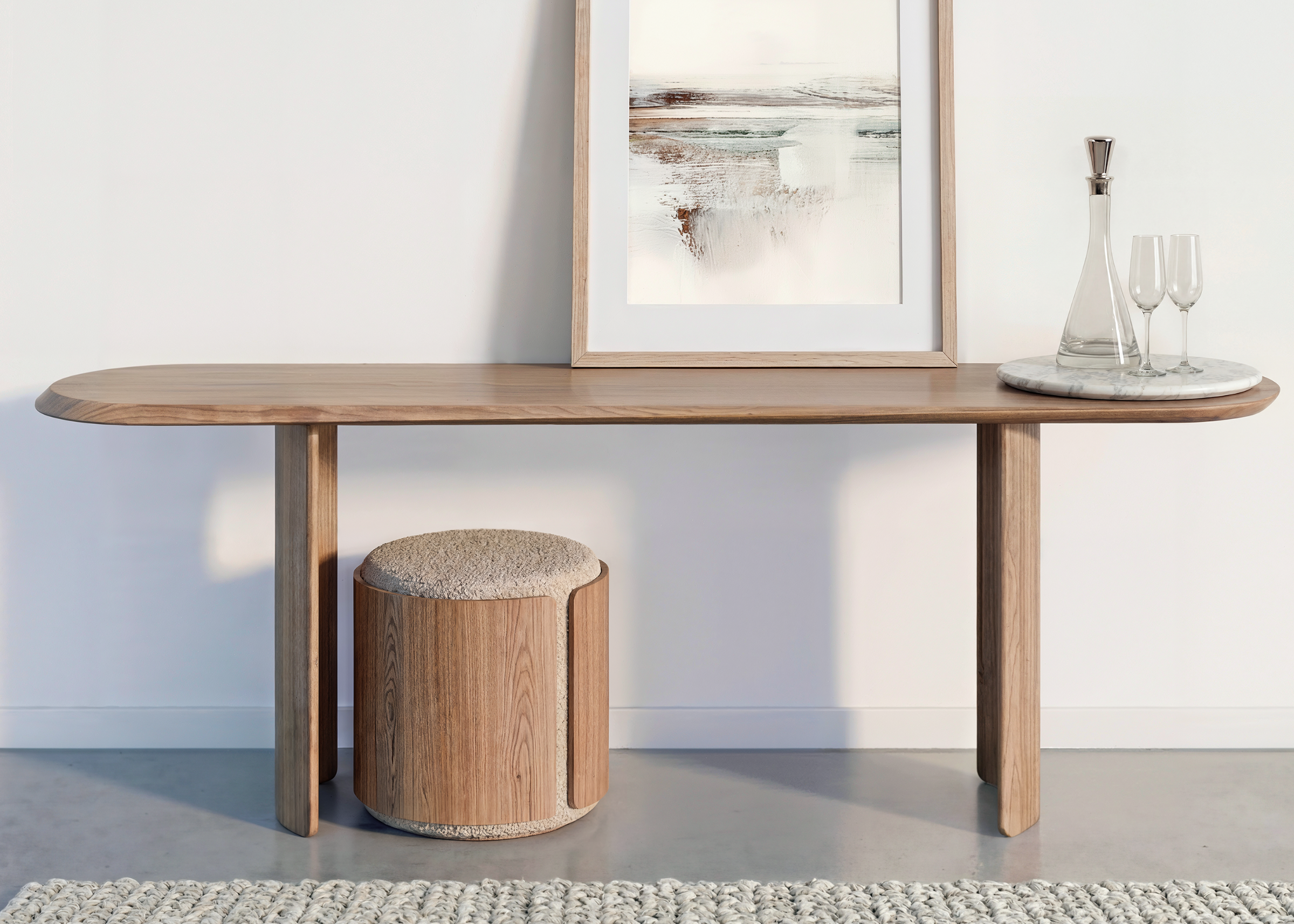 Puff Cylen cilíndrico com acabamento amadeirado e assento confortável, ideal para quartos e closets sofisticados.