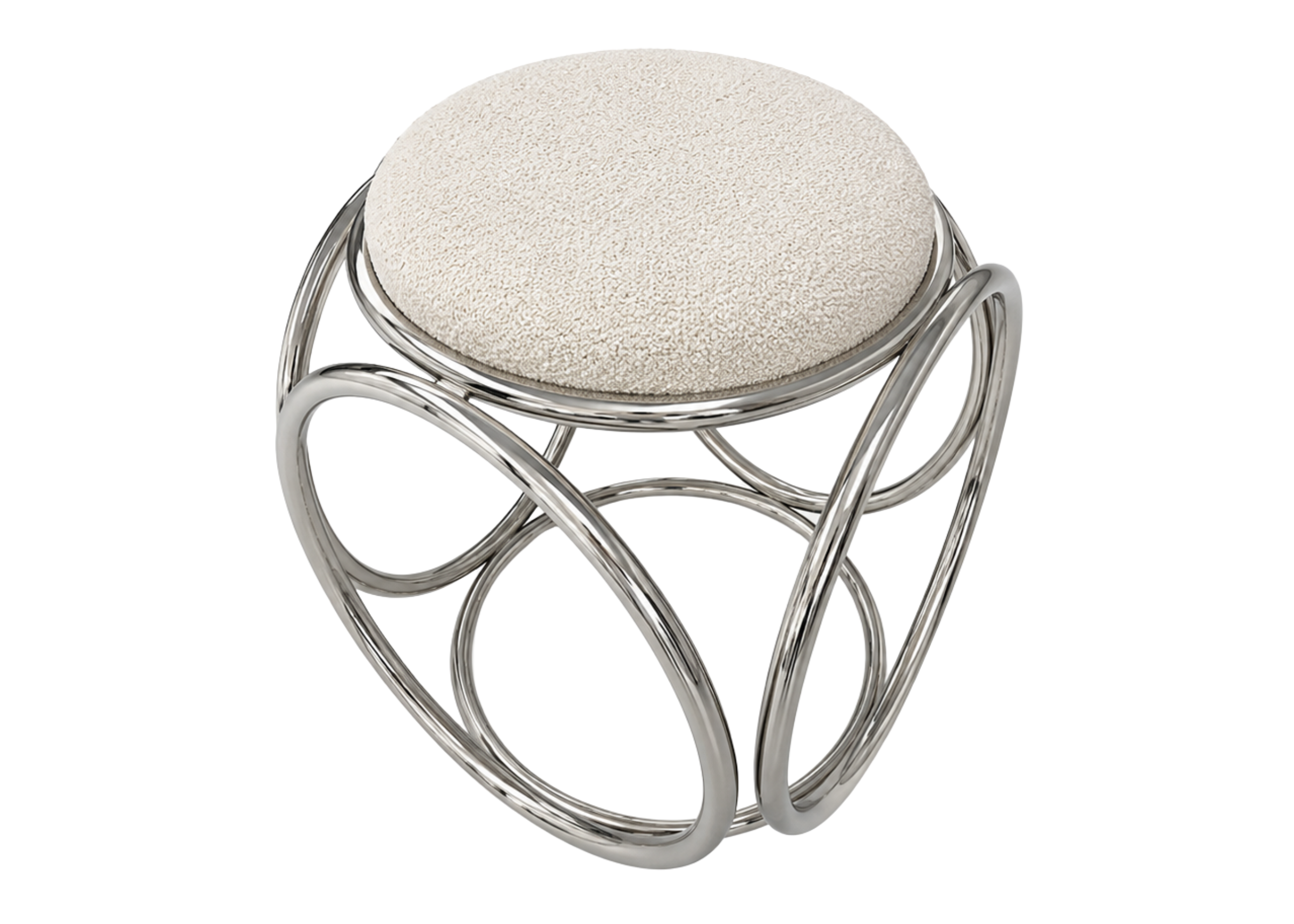 Puff Redondo Ouro com base em aço inox dourado e assento estofado, peça sofisticada para salas contemporâneas