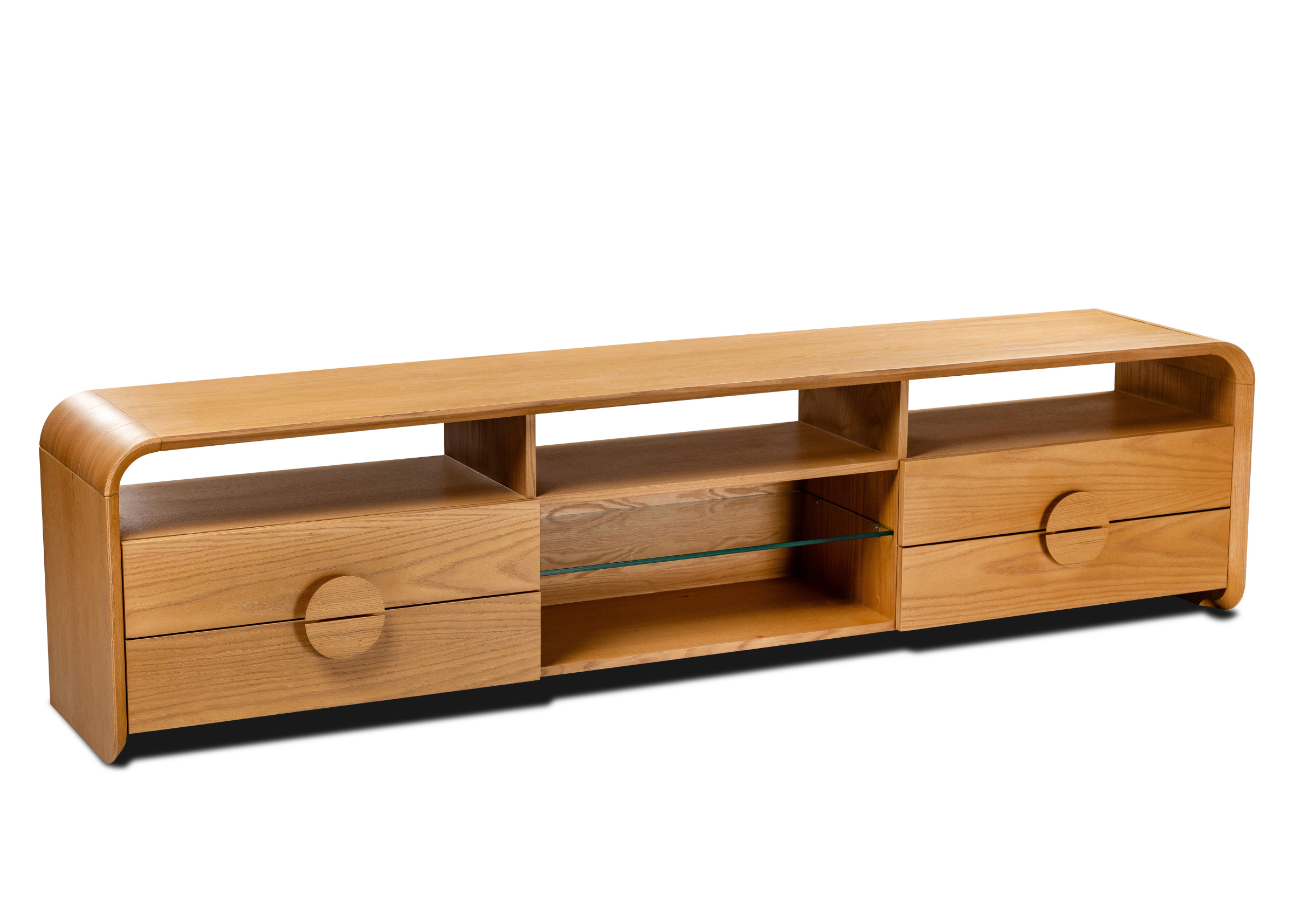 Rack Tesia em lâmina de madeira natural com nichos abertos, prateleira em vidro e design contemporâneo sofisticado.