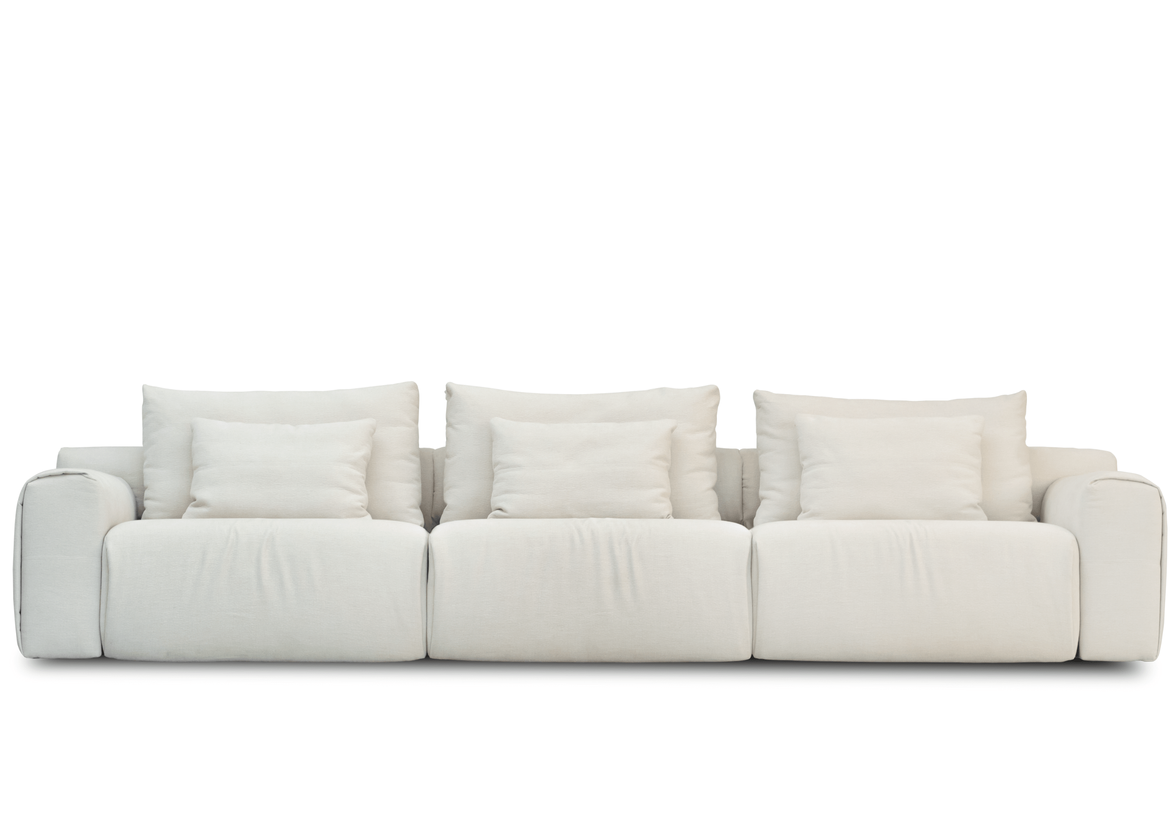 Sofá Automatizado Dante em tecido claro, design moderno e assentos amplos para conforto máximo em ambientes sofisticados.