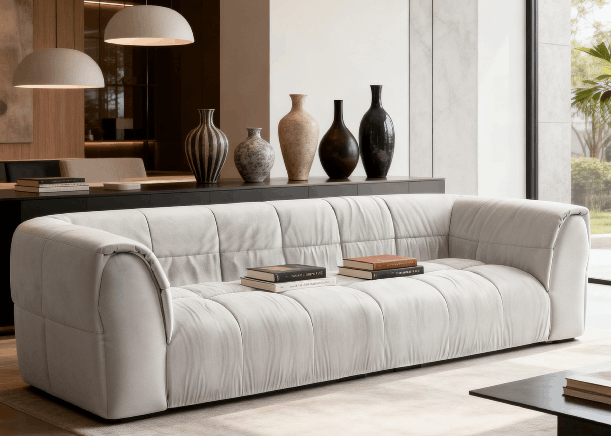 Sofá Bento I em tecido bege com assento profundo e linhas curvas, peça elegante que valoriza salas de estar contemporâneas.