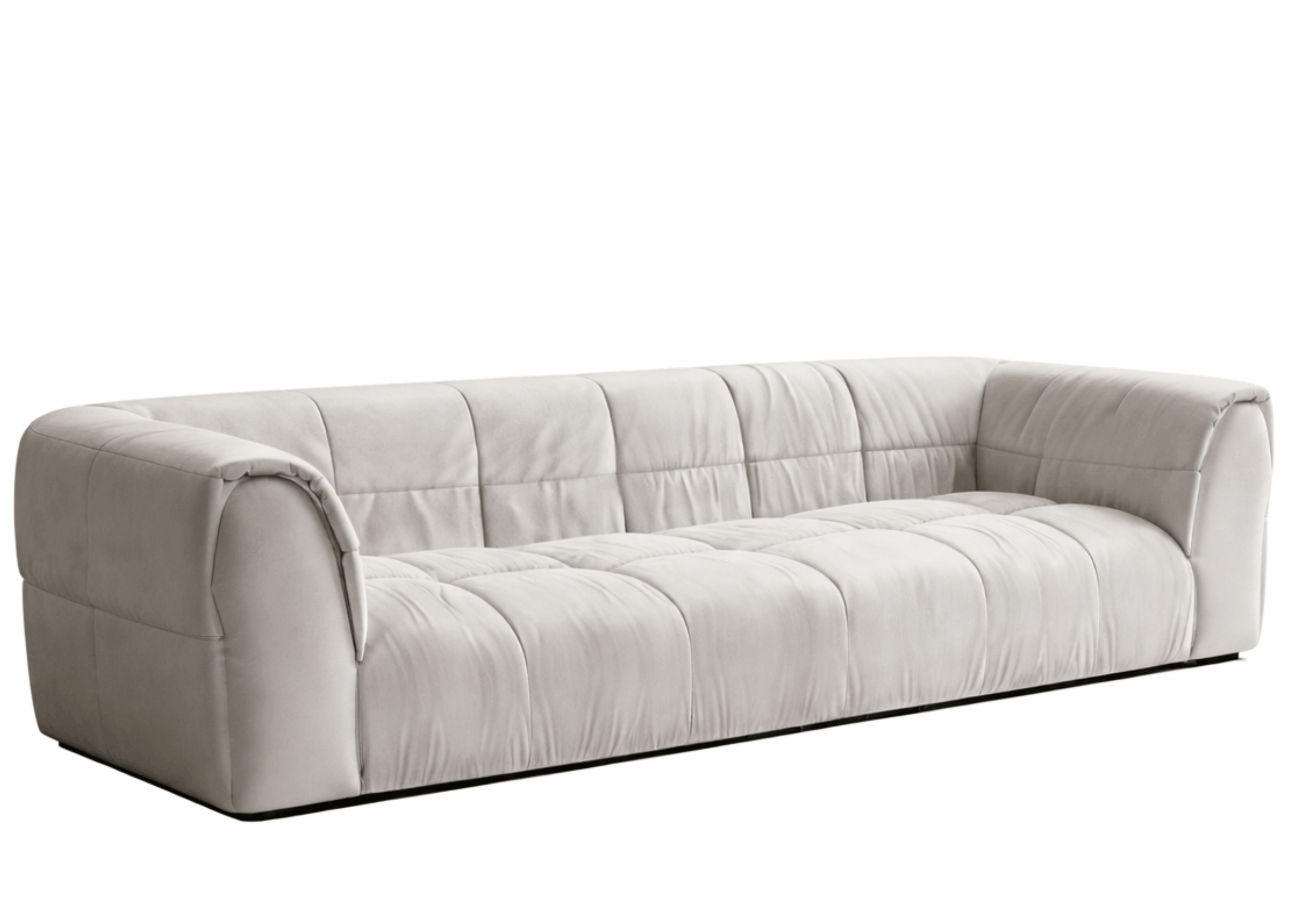 Sofá Bento I com estofamento matelassado em tecido claro, design contemporâneo e braços arredondados, ideal para salas elegantes.