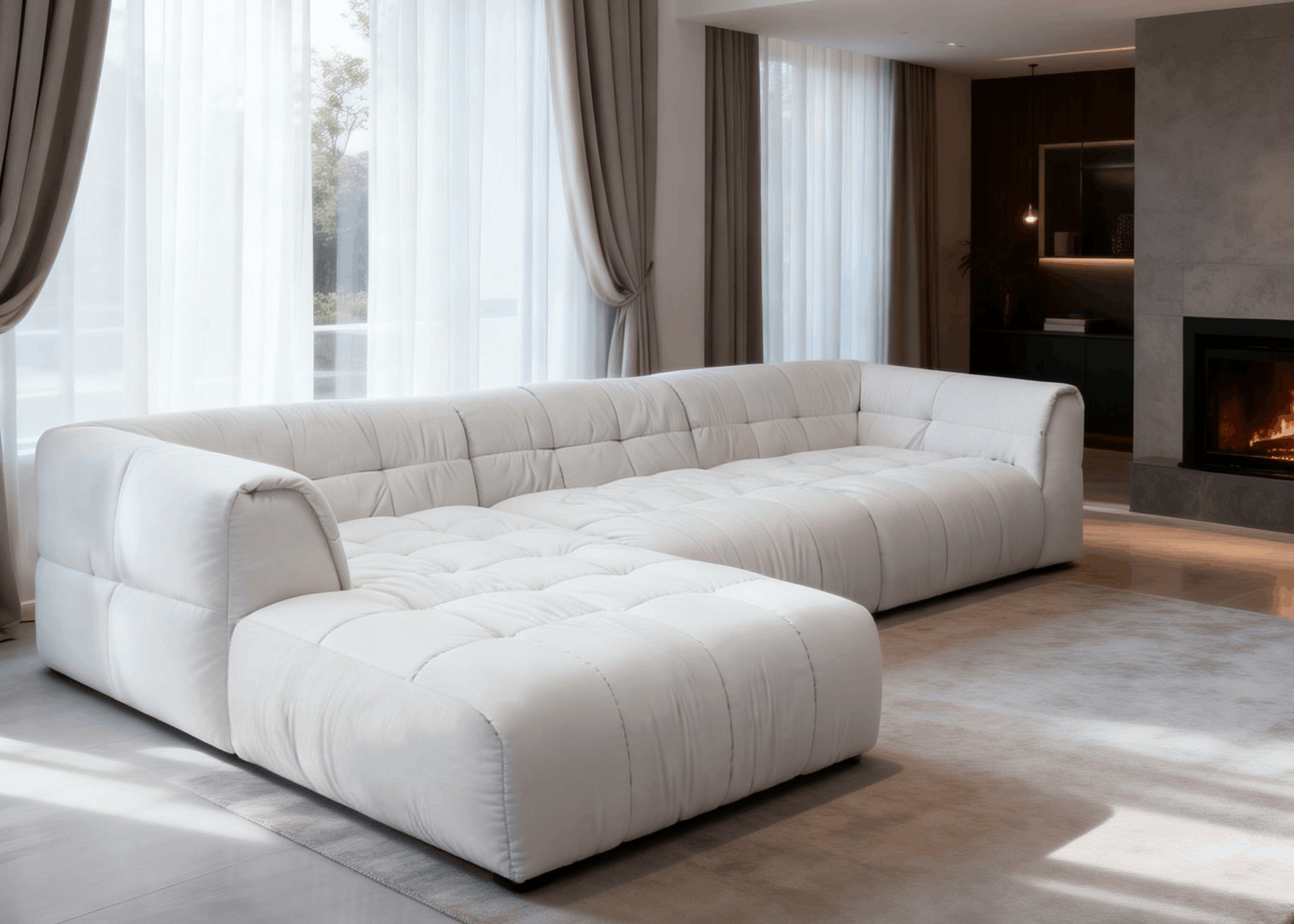 Sofá Bento II com chaise integrada e formas curvas, proporcionando conforto e sofisticação ao ambiente.