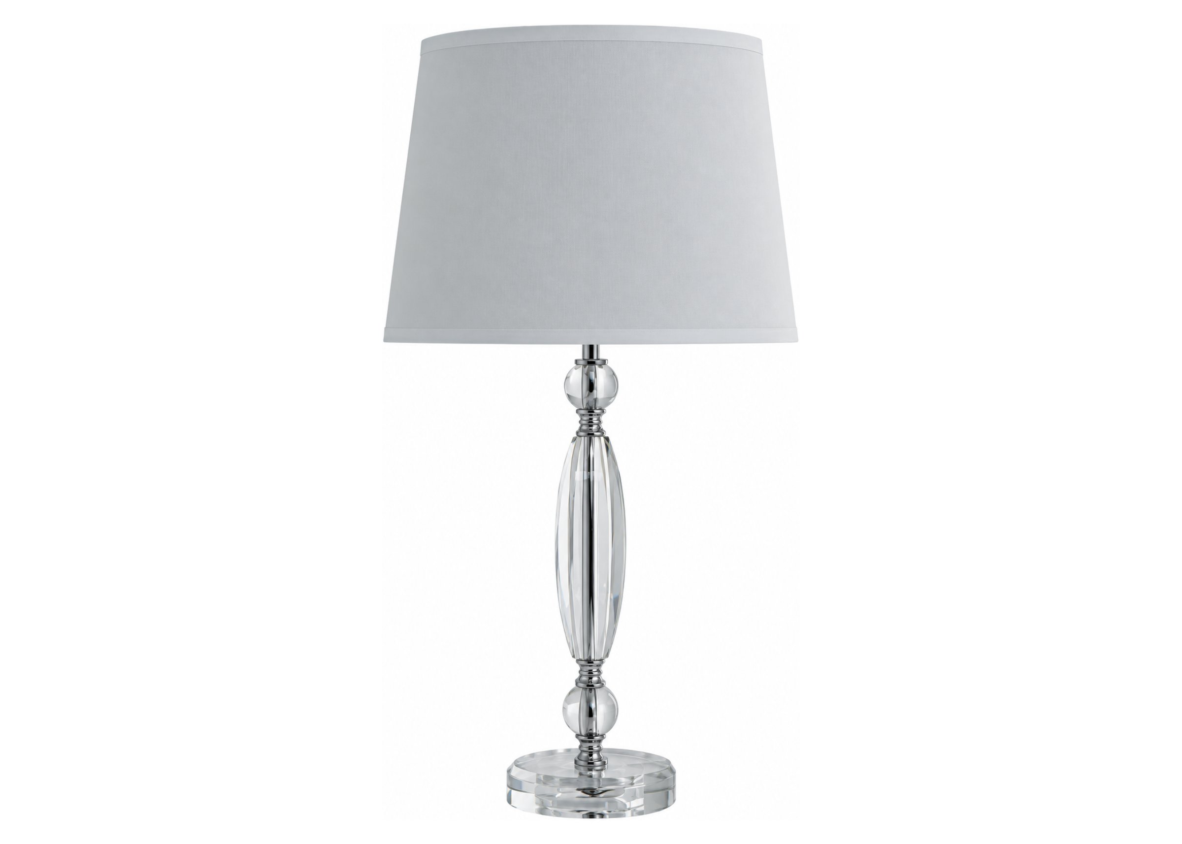 Abajur 4010 com base em cristal e cúpula em tecido branco, apresentando design elegante e sofisticado, ideal para compor ambientes modernos e refinados.