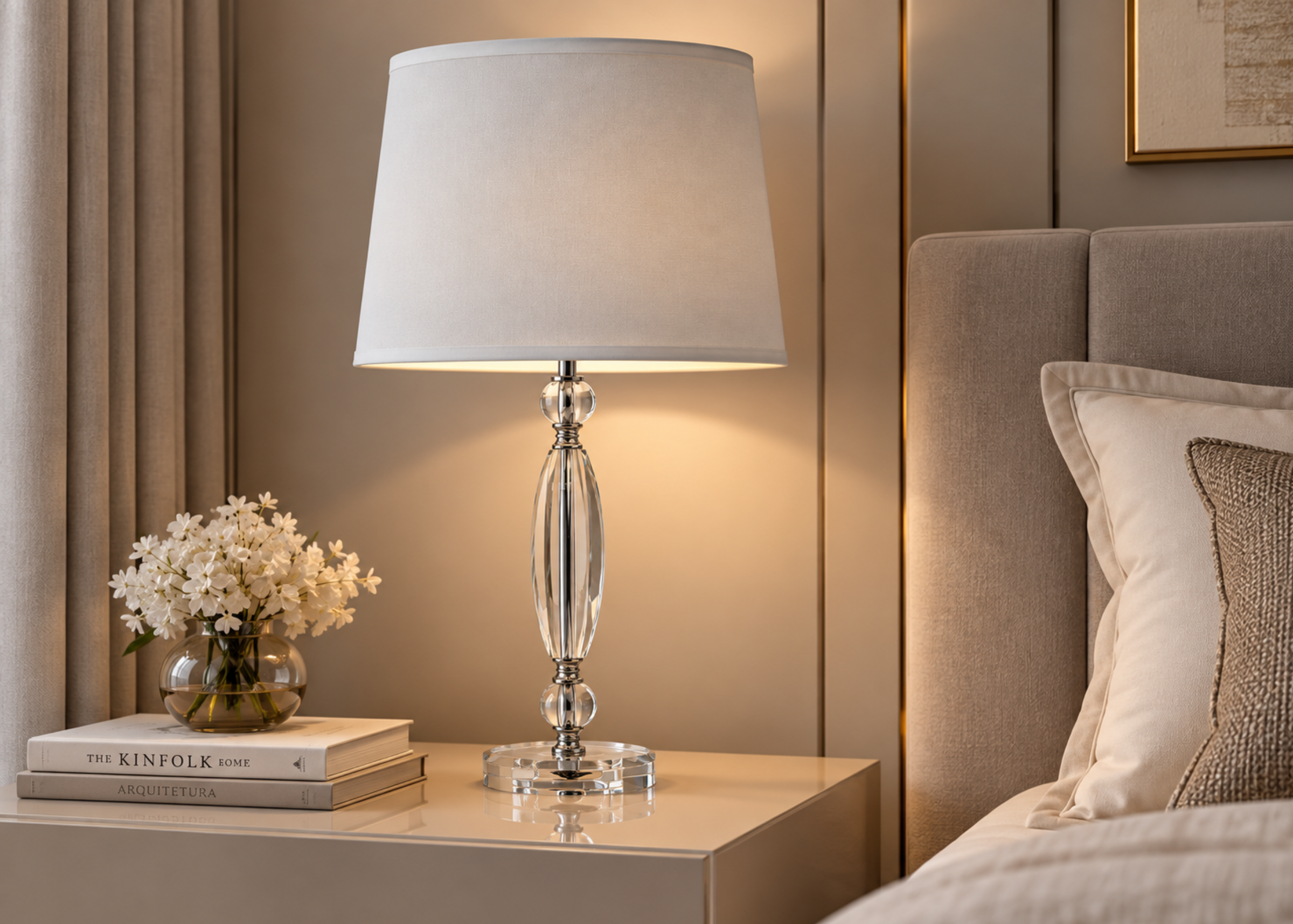 Abajur 4010 com base em cristal e cúpula em tecido preto, apresentando design elegante e sofisticado, ideal para compor ambientes modernos e refinados.