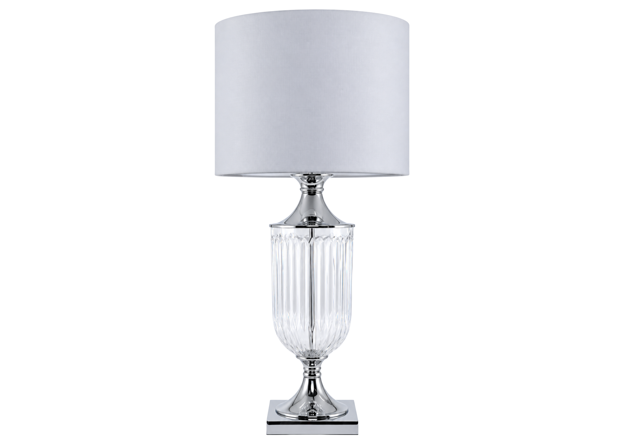 Abajur 4046 com base em vidro incolor, detalhes em metal cromado e cúpula em tecido, apresentando design elegante e sofisticado para ambientes modernos.