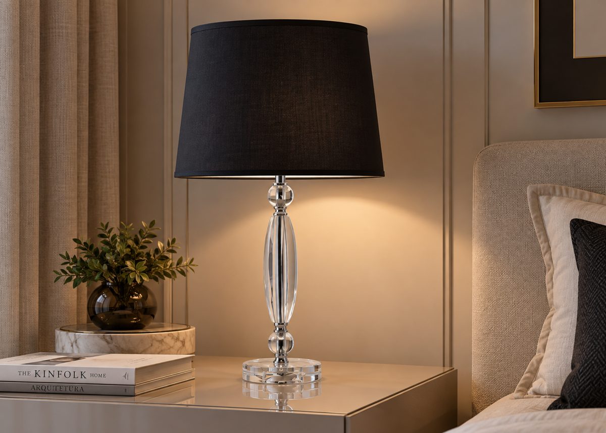 Abajur modelo 4010 com base em cristal e cúpula preta, apresentando design sofisticado e acabamento elegante para ambientes contemporâneos.
