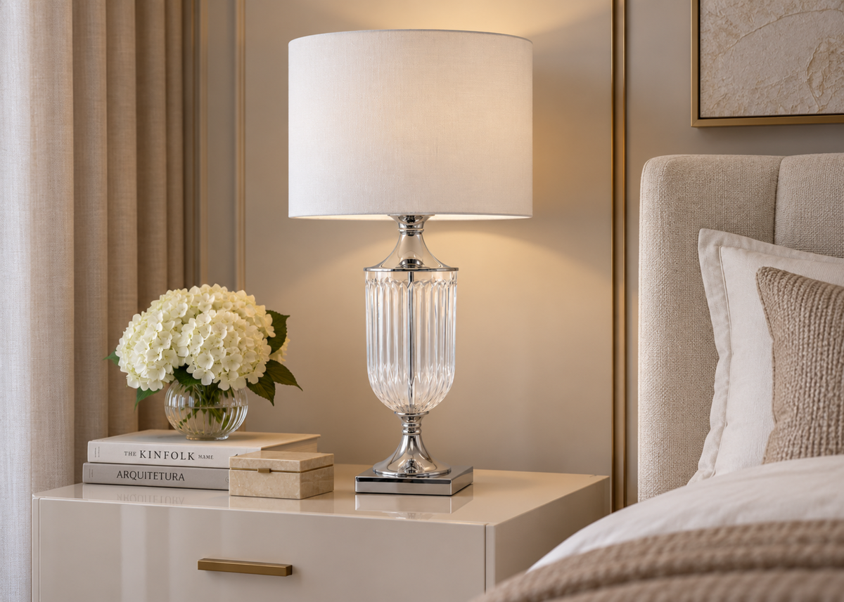 Abajur modelo 4046 com base em vidro incolor e detalhes em metal cromado, ideal para compor ambientes contemporâneos e refinados.