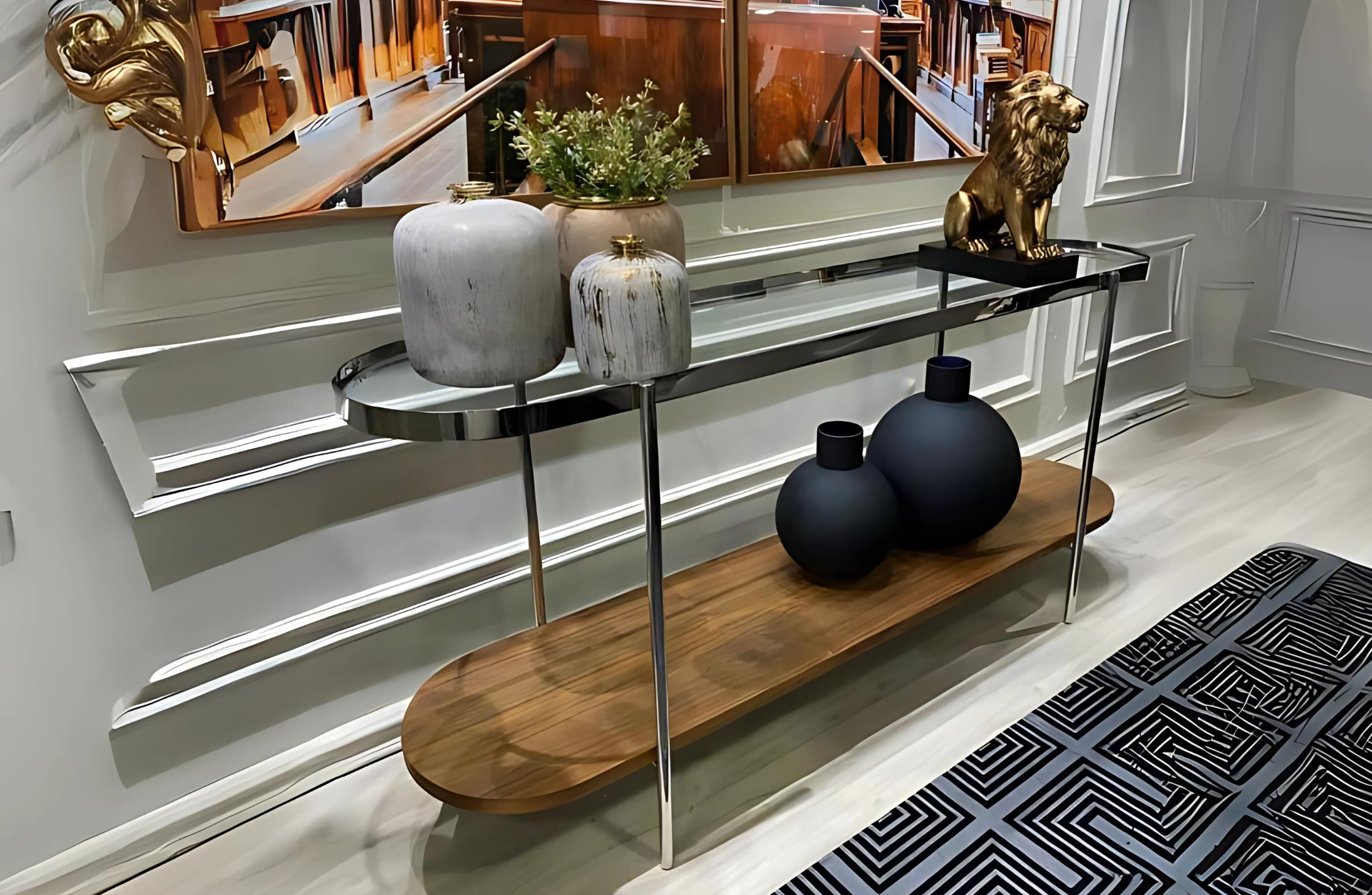 Aparador Calla com tampo de vidro transparente e em madeira tingida, perfeito para compor ambientes decorados com elegância e leveza.