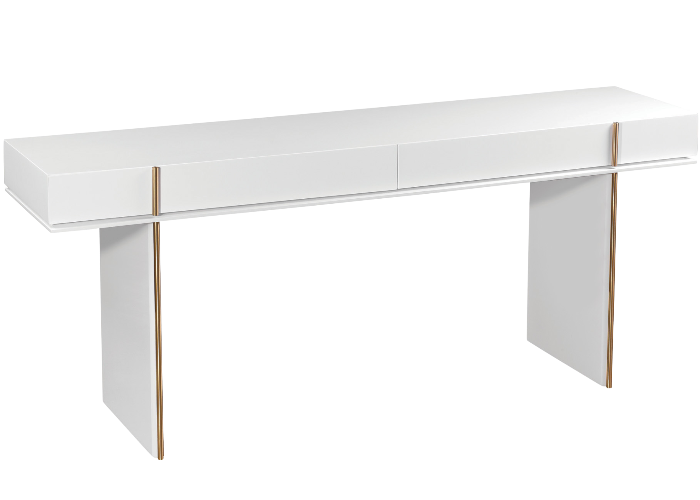 Aparador de sala laqueado branco com detalhe dourado, modelo Vianello, luxuoso e sofisticado, perfeito para ambientes modernos.