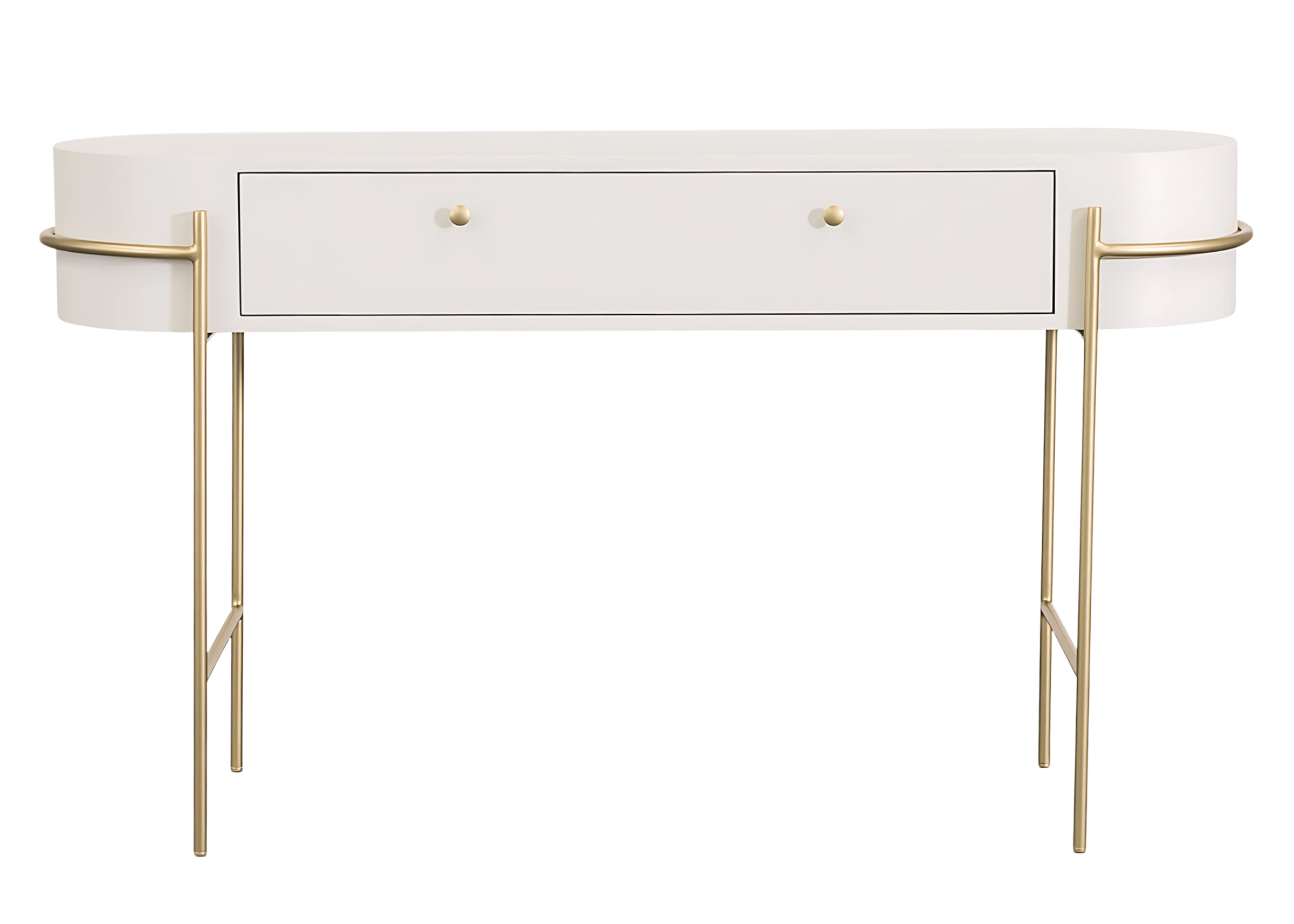 Aparador Donatello laqueado branco com detalhes dourados, design luxuoso e sofisticado, ideal para decoração moderna e requintada.