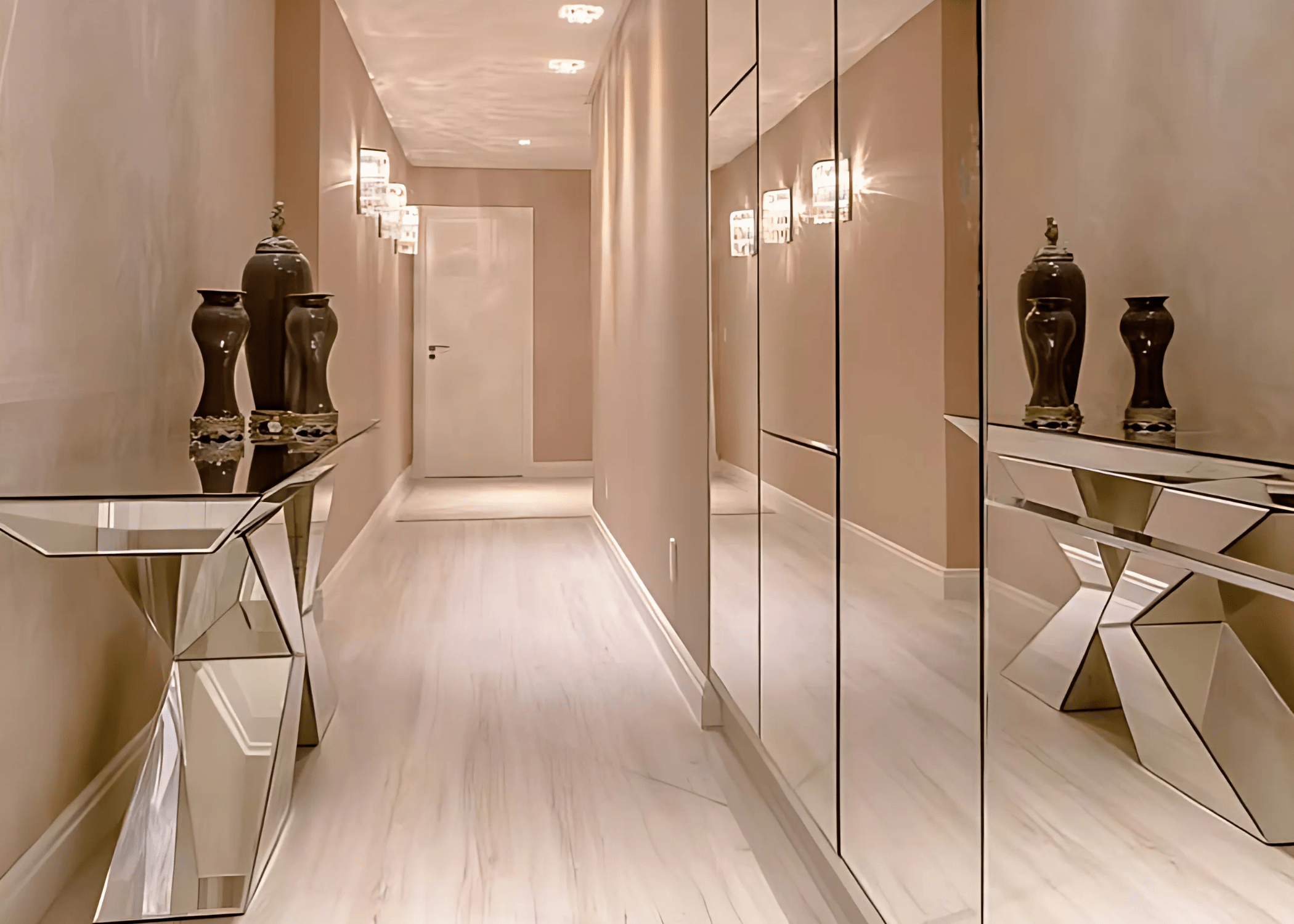 Aparador espelhado luxuoso com acabamento em espelho prata ambientado em hall de entrda elegante. Peça refinada para decoração sofisticada.
