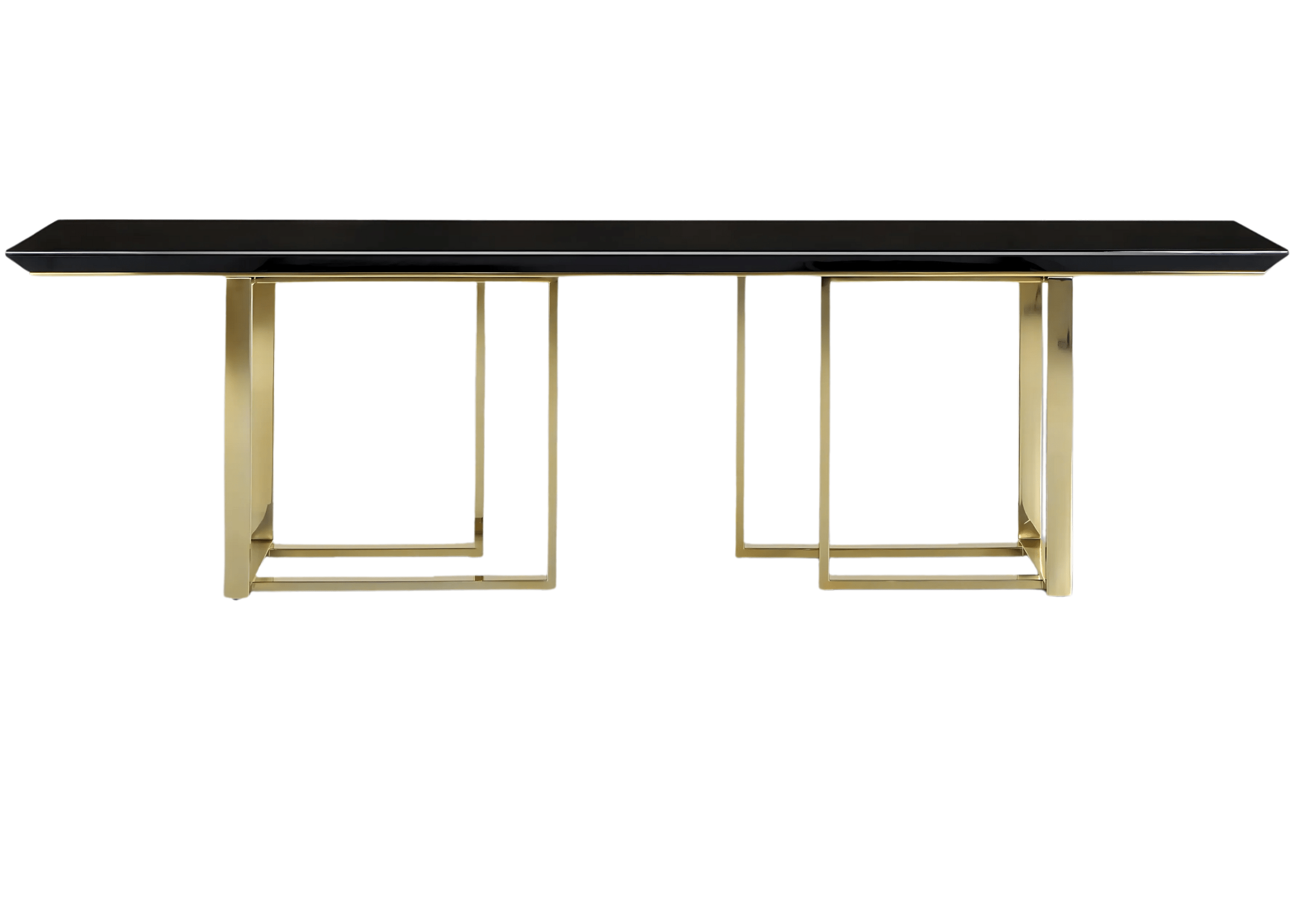 Aparador Lizzie com tampo em vidro preto e base em aço inox dourado, peça sofisticada para sala de estar.