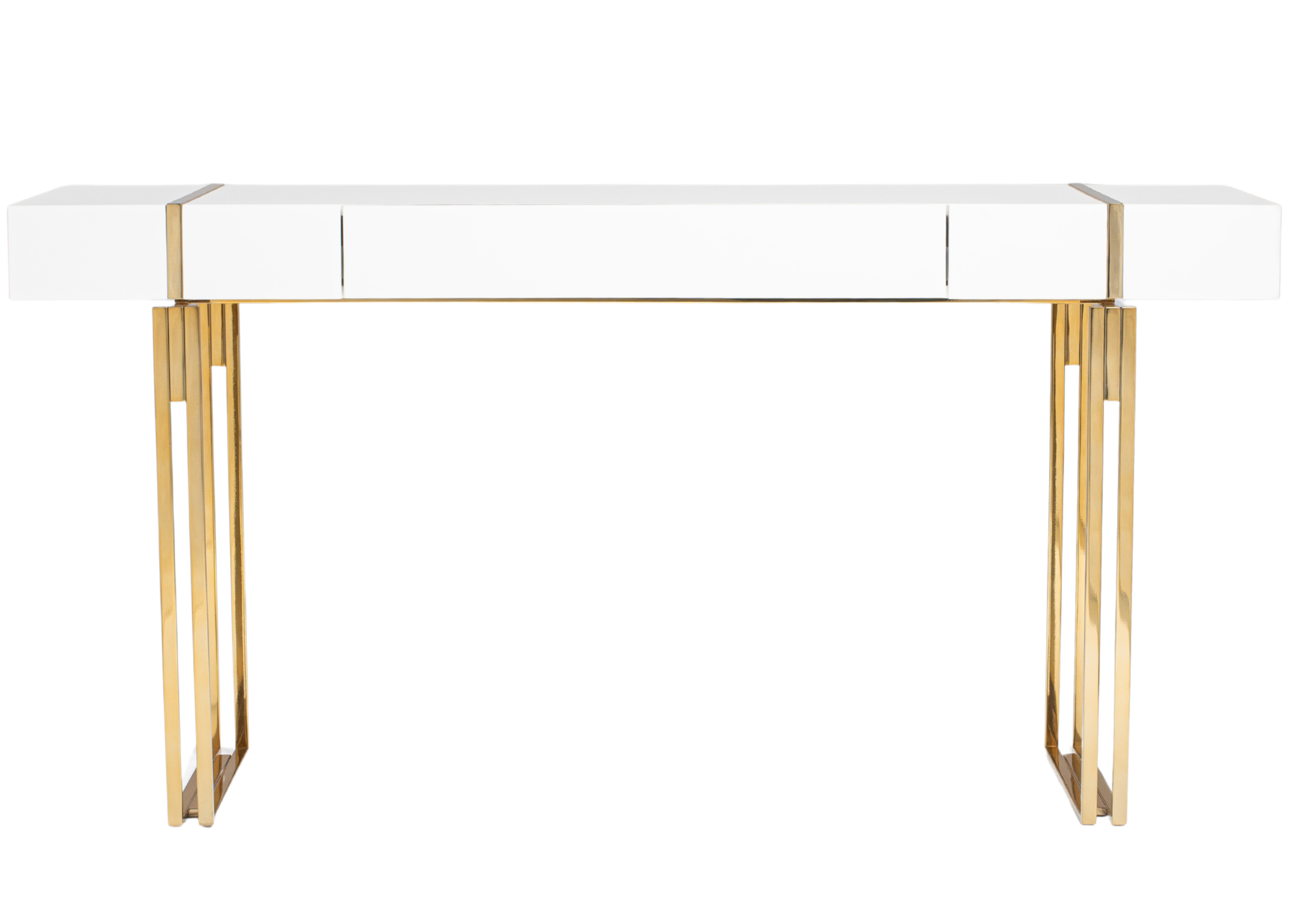 Aparador Martim em laca branca com base em inox dourado, móvel moderno e elegante para ambientes contemporâneos.