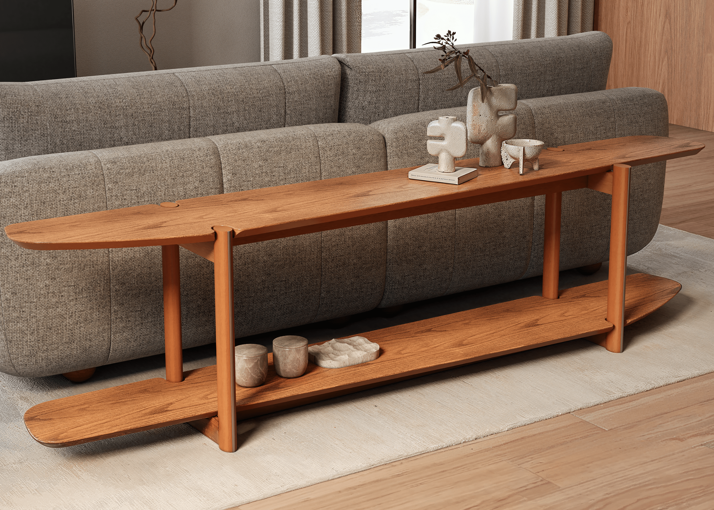 Aparador Dante em design contemporâneo com linhas alongadas em ambiente moderno