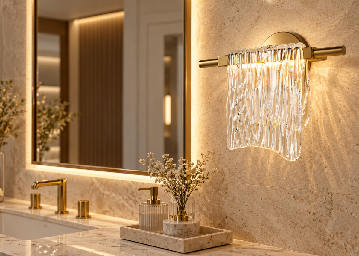 Arandela decorativa 7129 com estrutura em metal dourado e vidro, perfeita para complementar ambientes modernos com um toque de requinte.
