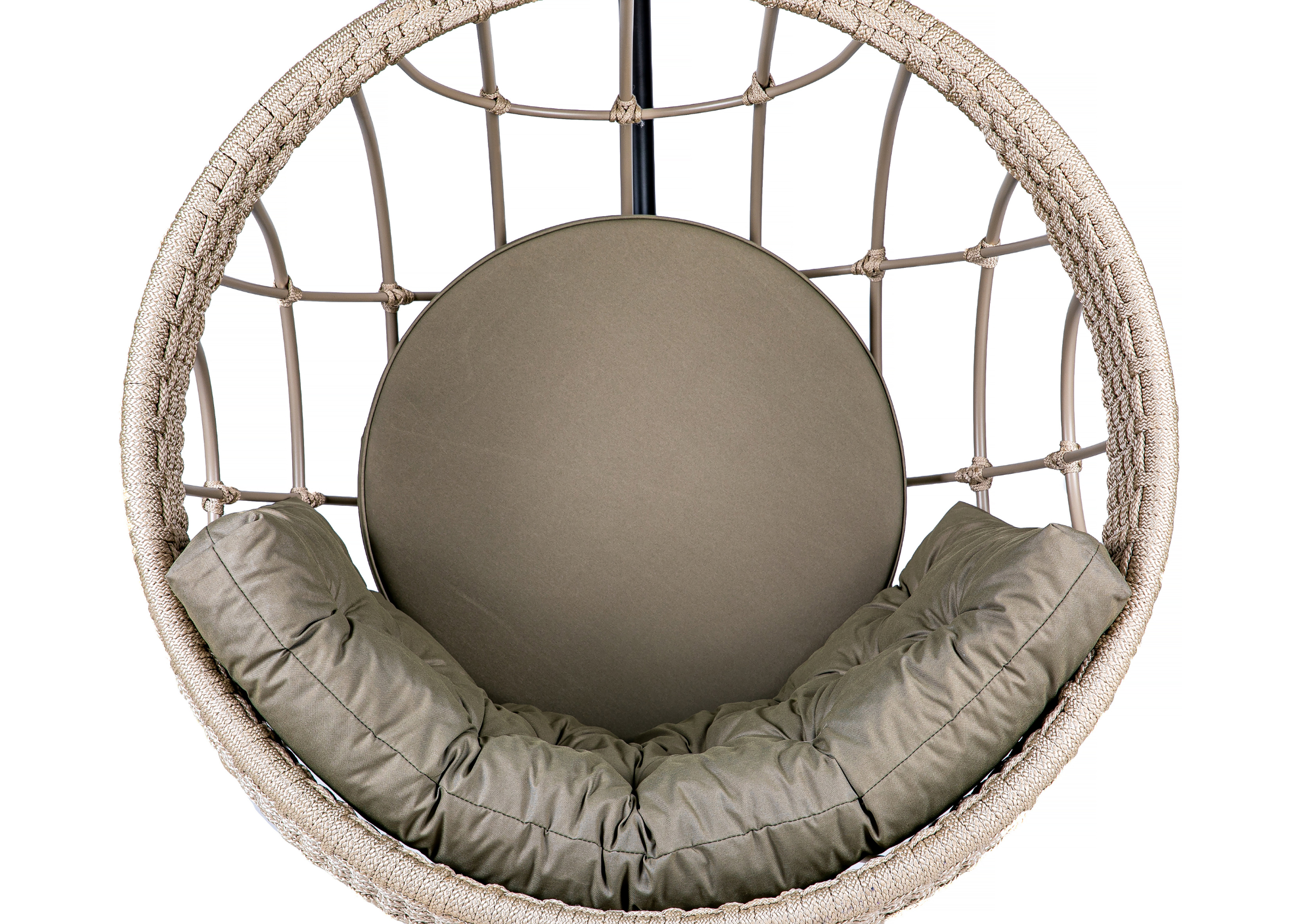 Balanço Madri em alumínio areia com revestimento em corda náutica e estofado fendi, adequado para áreas externas bem decoradas.