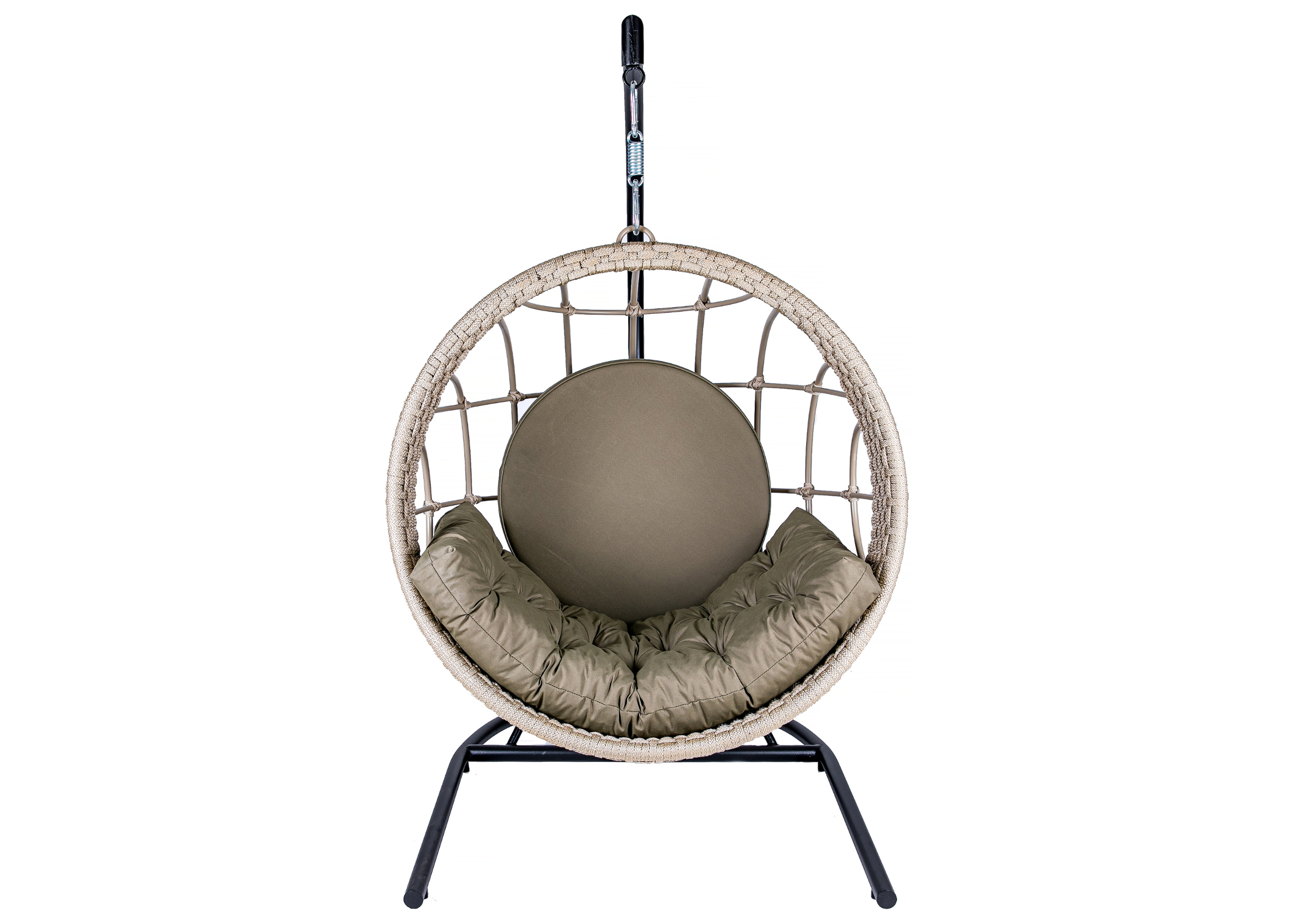 Balanço Madri com suporte em alumínio na cor areia, revestimento em corda náutica areia e estofado fendi, ideal para áreas externas sofisticadas.