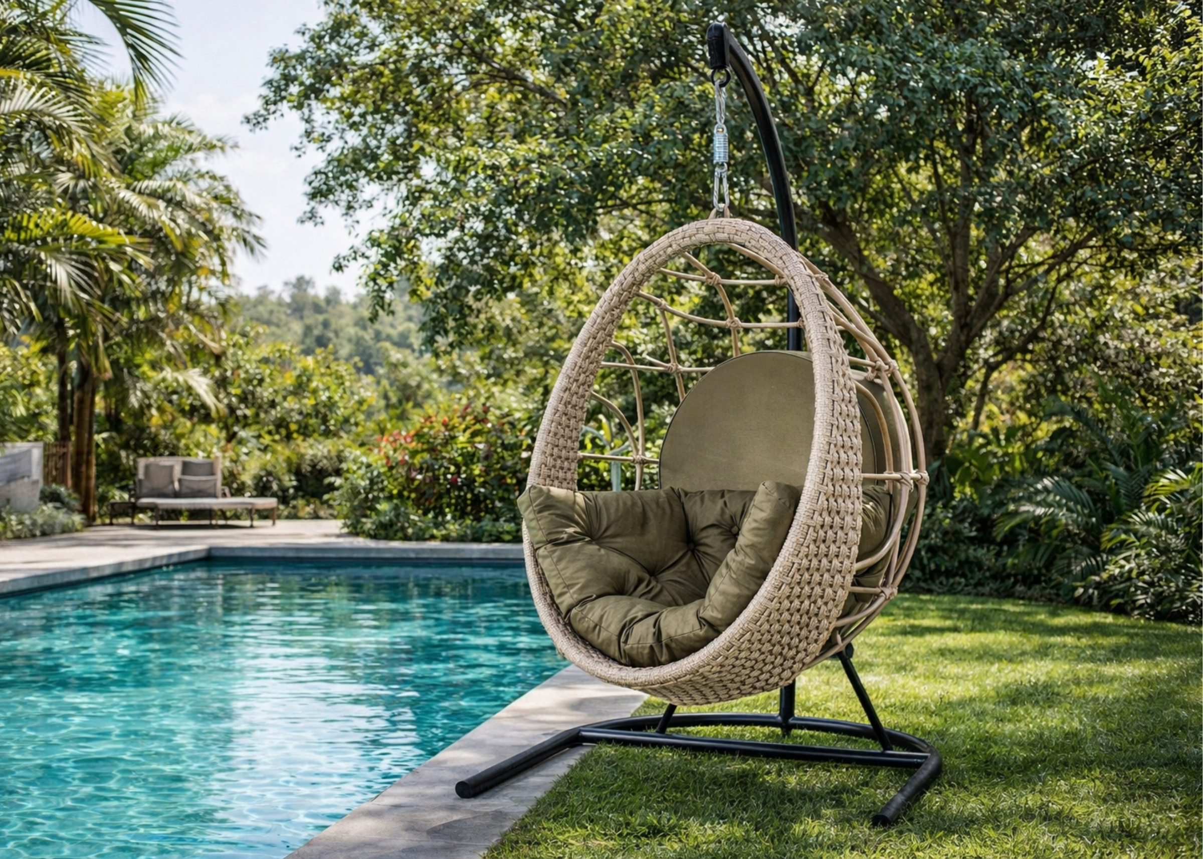 Balanço Madri com suporte na cor areia e revestimento em corda náutica, ideal para áreas externas elegantes e confortáveis.
