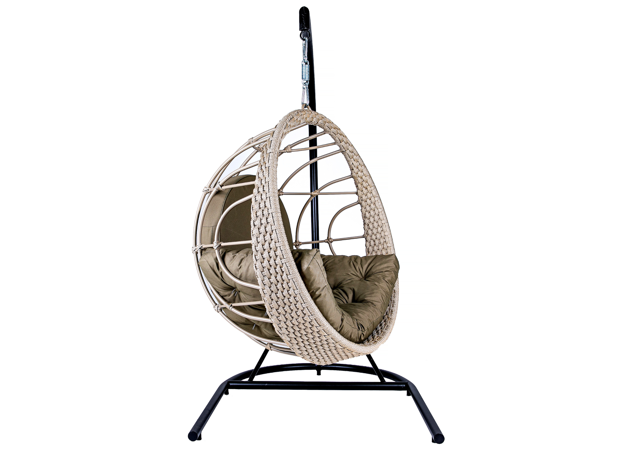 Balanço Madri com suporte em alumínio areia, estrutura em corda náutica e estofado fendi, perfeito para ambientes externos elegantes e confortáveis.