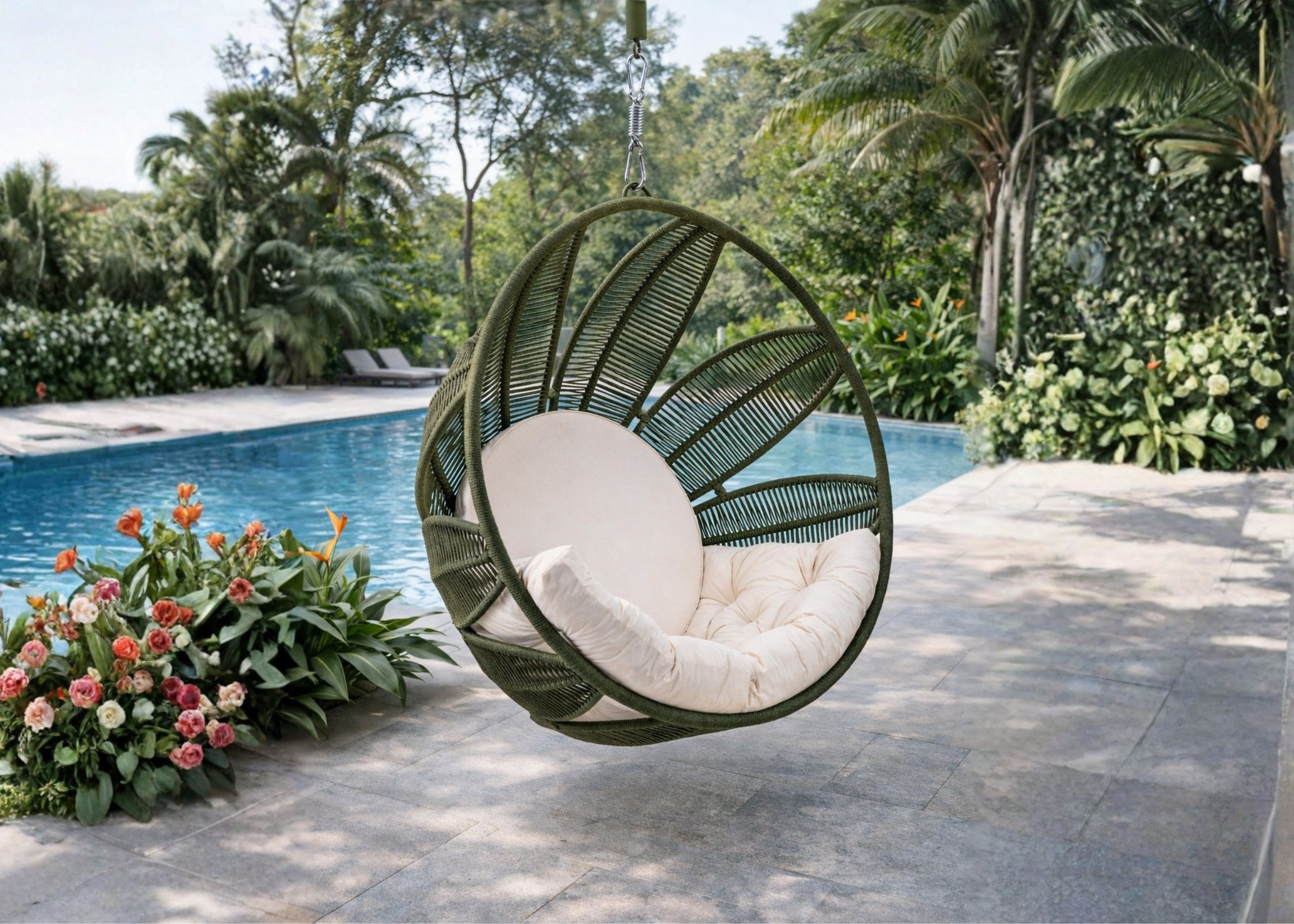 Balanço Tropical sem suporte e design moderno, produzido em alumínio com corda náutica, adequado para áreas externas confortáveis e resistentes.