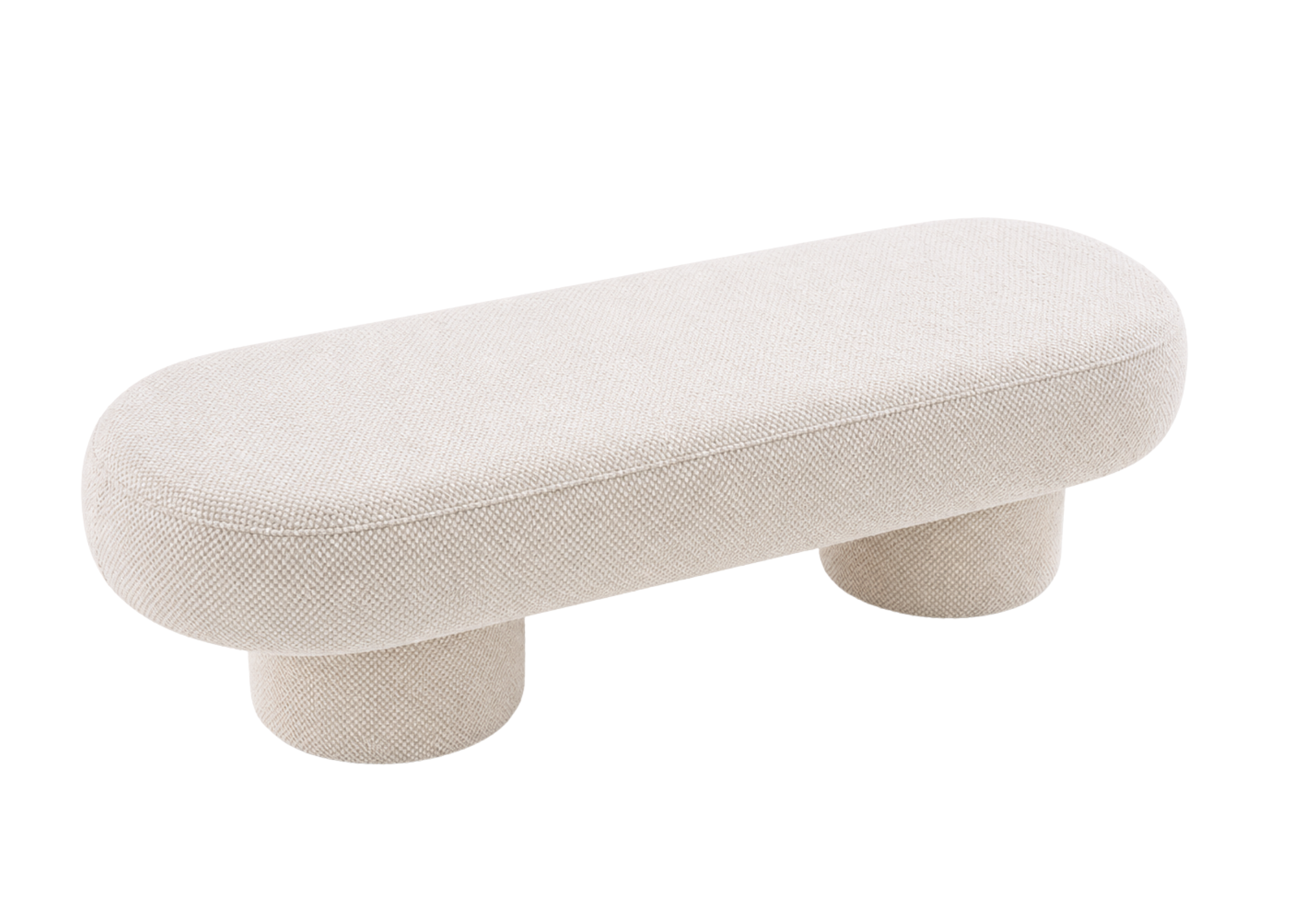 Banco Abrigo com assento estofado e base cilíndrica em off white, apresentando design elegante e confortável para espaços refinados.