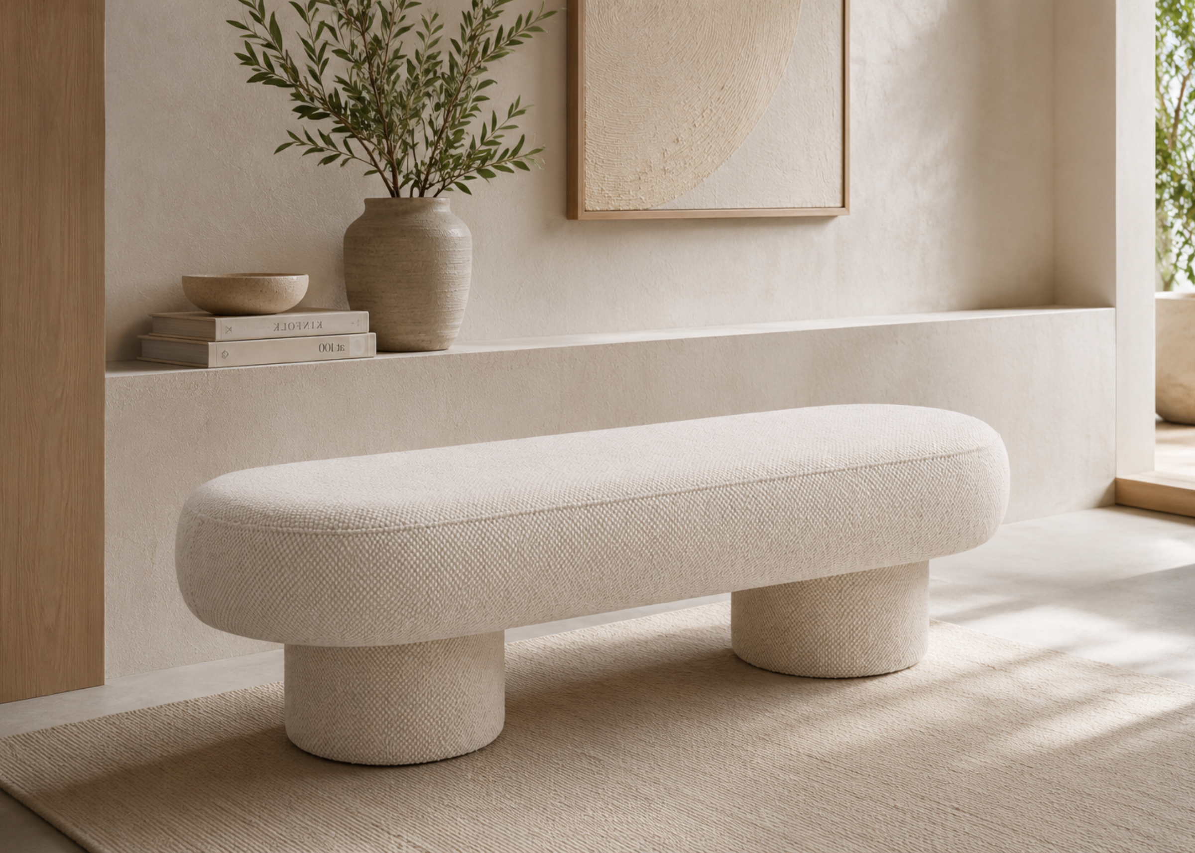 Banco Abrigo com design contemporâneo em linho off white e assento estofado, apresentando conforto e elegância para diversos ambientes.