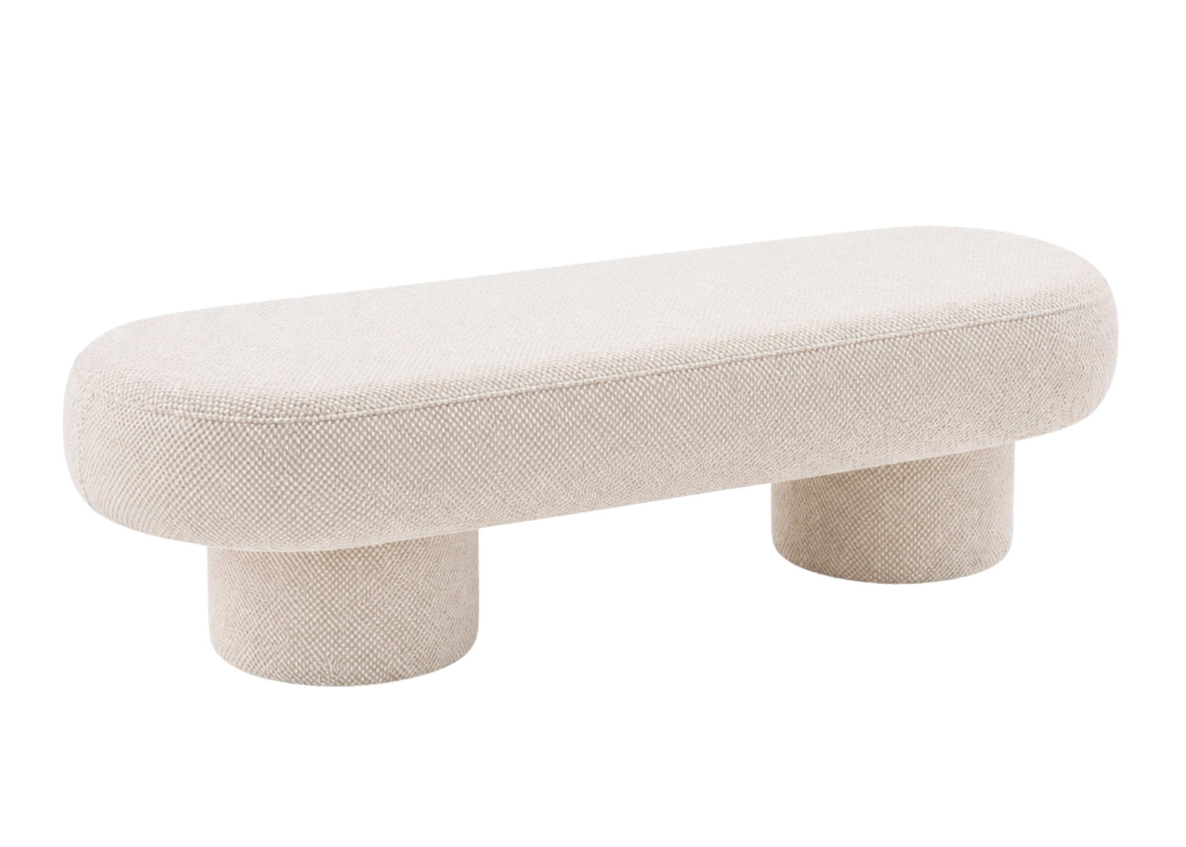 Banco Abrigo com base cilíndrica e revestimento em tecido linho off white, apresentando design moderno e sofisticado para ambientes elegantes.