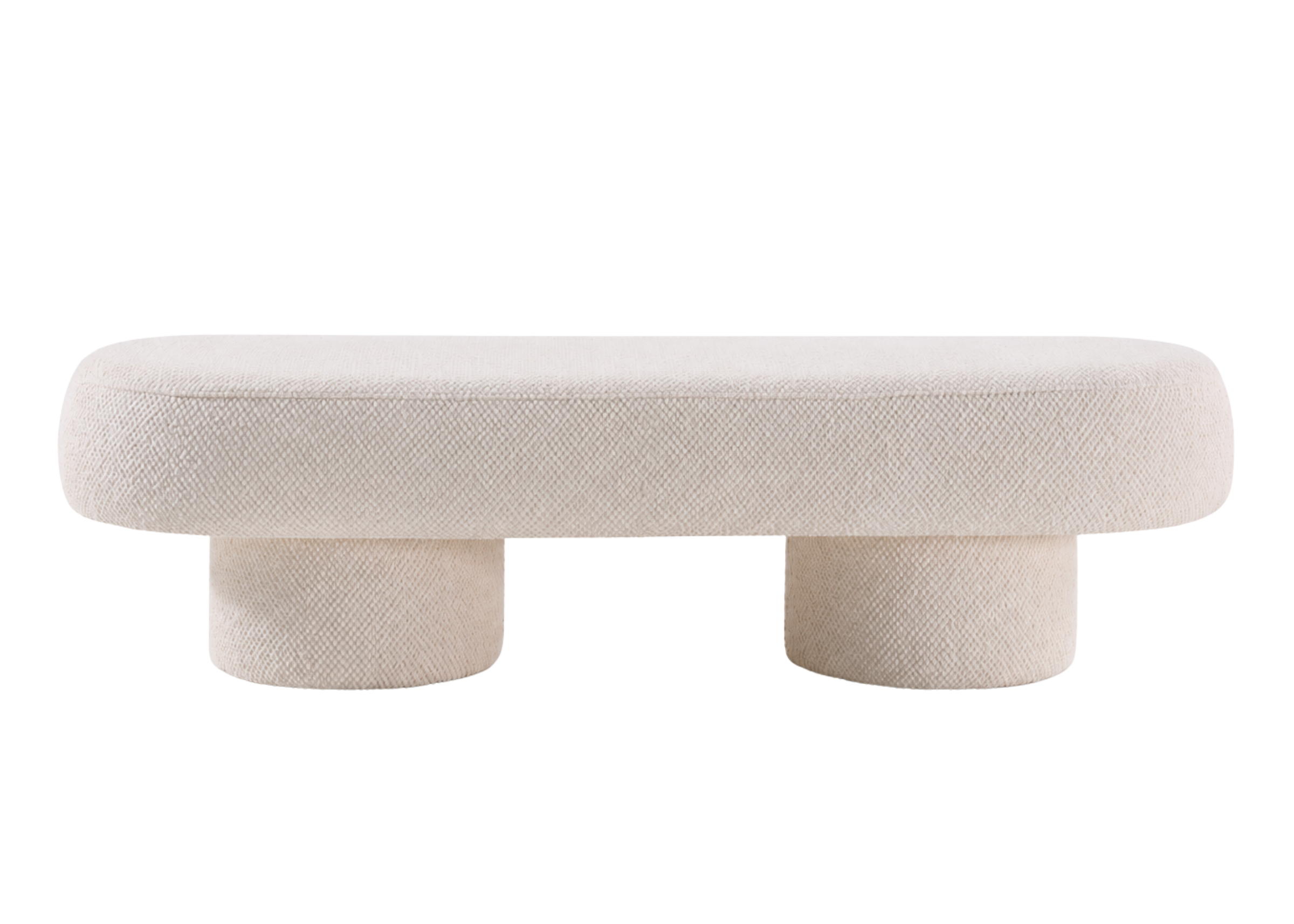 Banco Abrigo com design moderno, totalmente revestido em linho off white, ideal para compor ambientes contemporâneos e acolhedores.