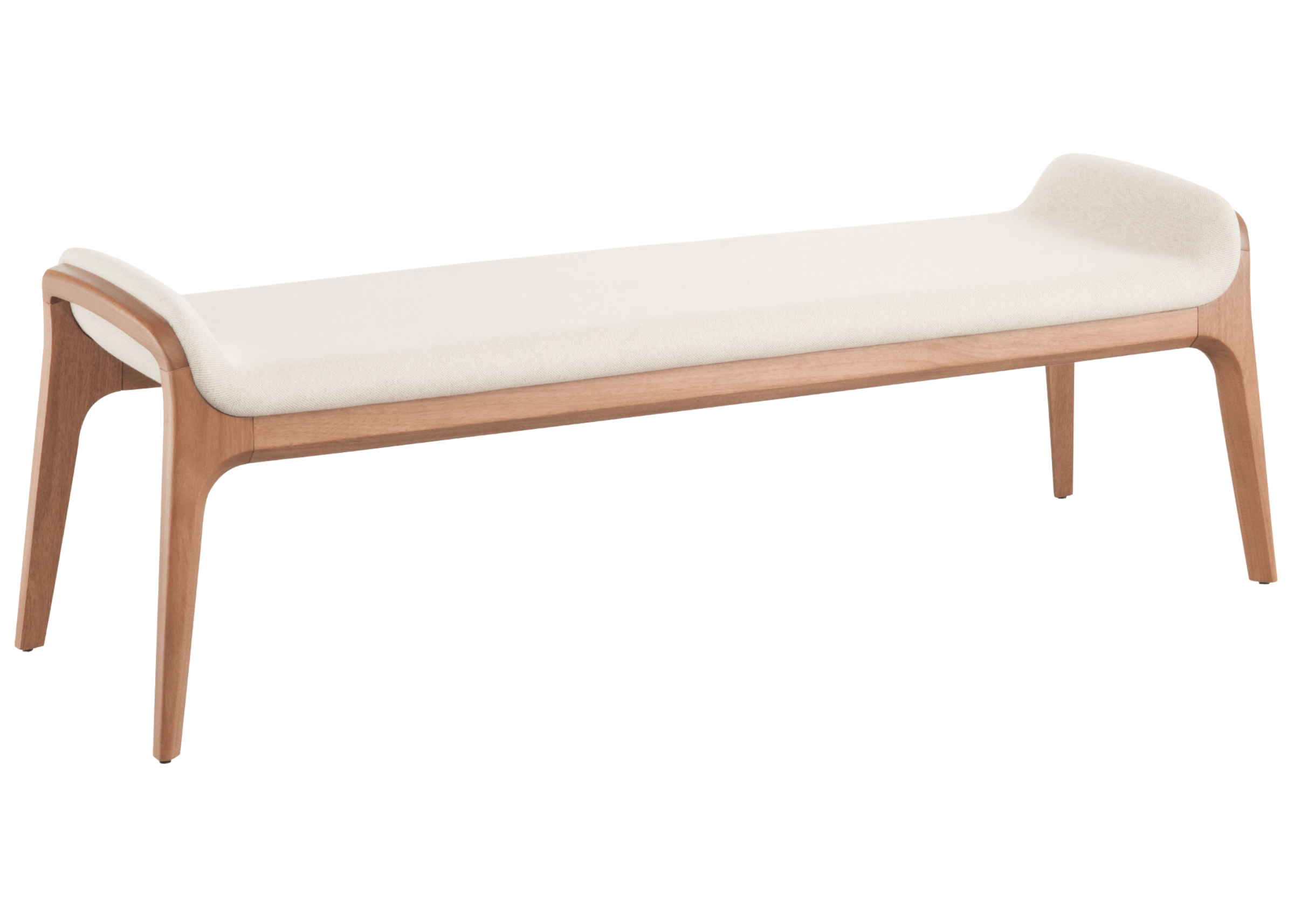 Banco modelo Austin com assento em bouclé branco e base em madeira tingida. Peça acolhedora e contemporânea, ideal para composições elegantes, apresentada sobre fundo neutro.