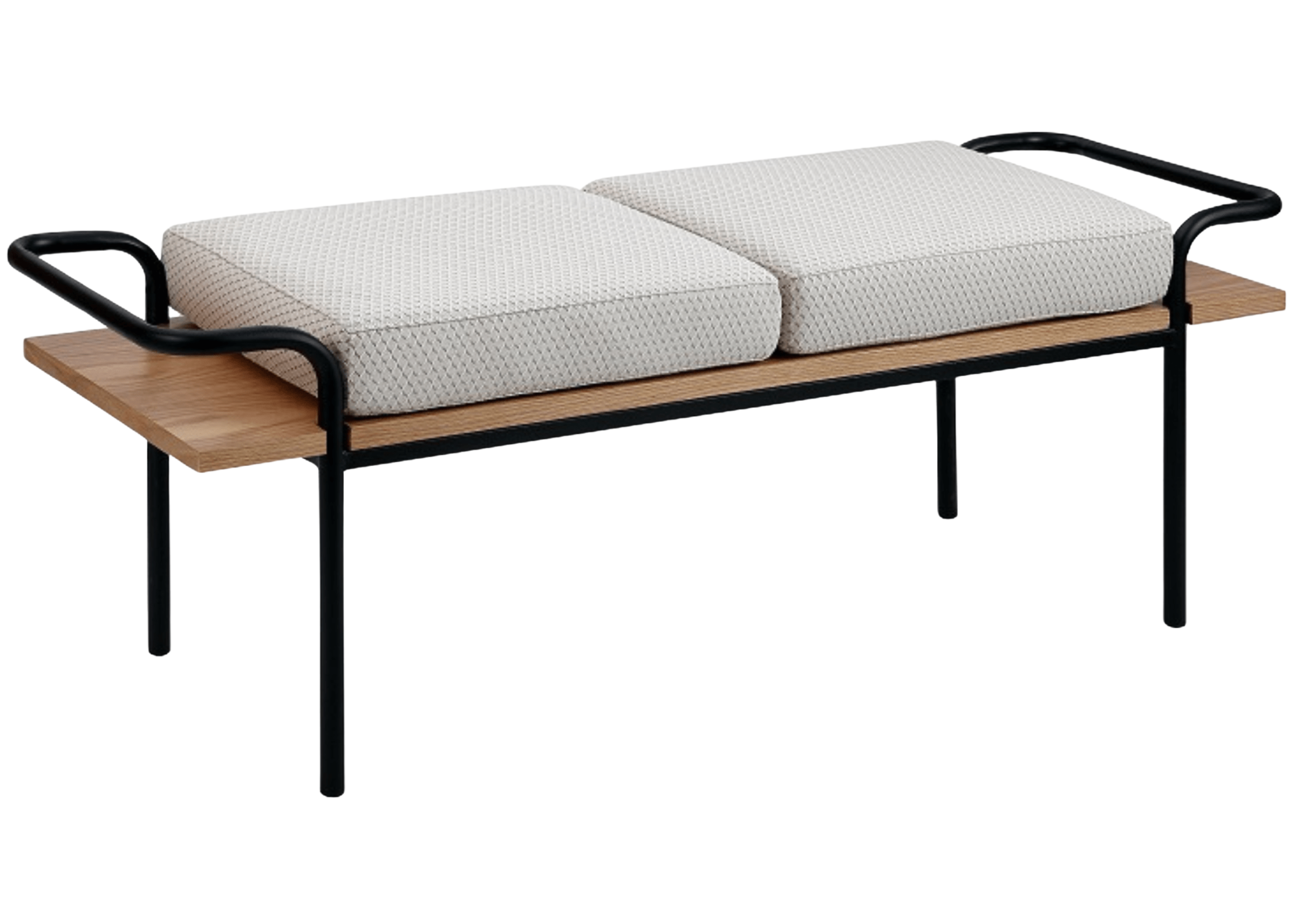 Banco modelo Ayla com detalhe em madeira natural e assento estofado. Design contemporâneo com toque orgânico, ideal para composições refinadas, apresentado sobre fundo neutro.