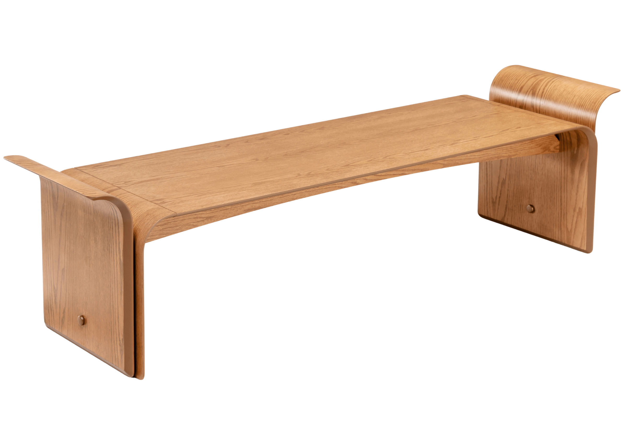 Banco modelo Berto de três lugares, confeccionado em carvalho natural com assento estofado. Design robusto e elegante, ideal para composições contemporâneas, apresentado sobre fundo neutro.
