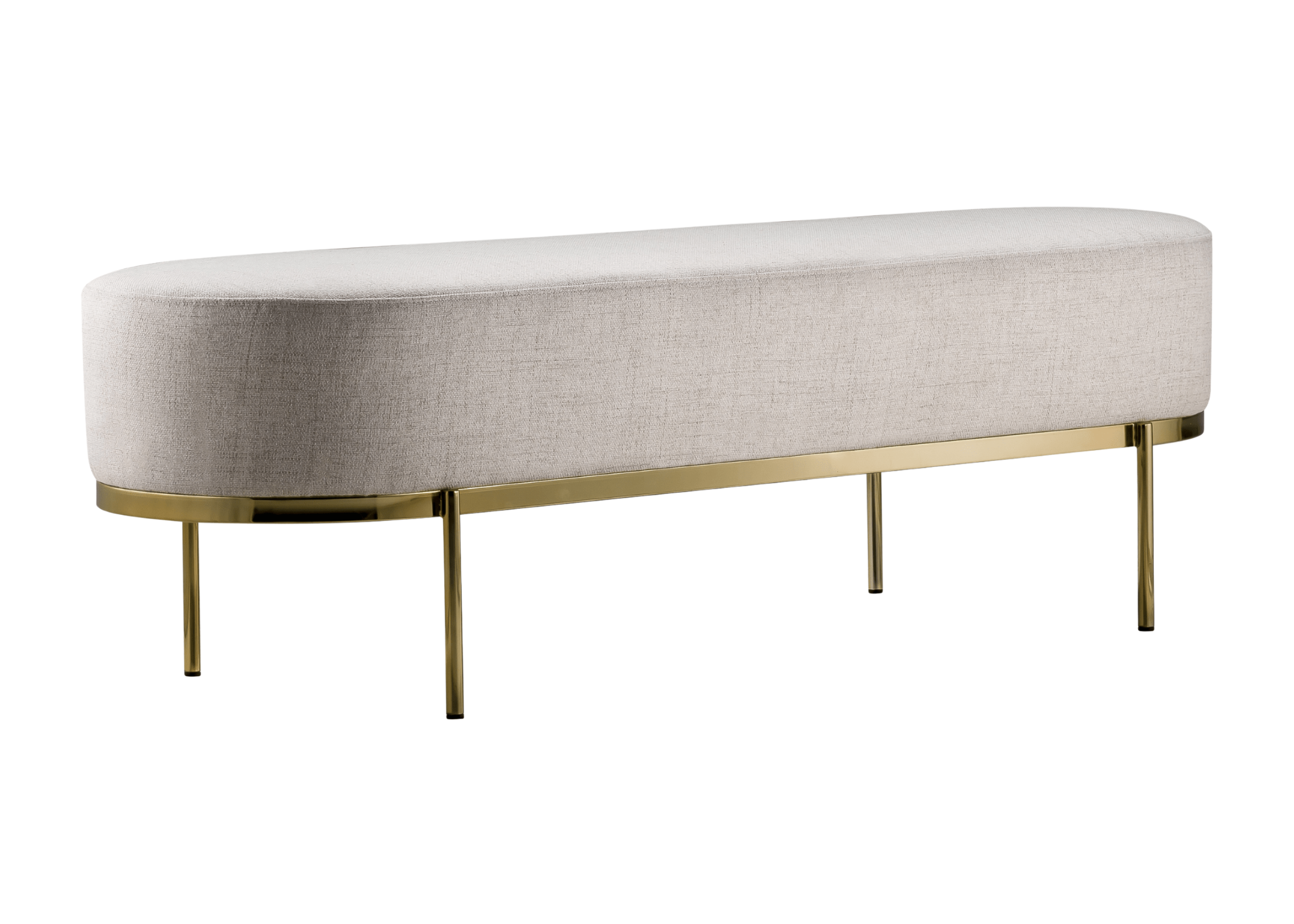 Banco modelo Blue com assento em linho branco e base dourada. Design elegante e clean, ideal para composições sofisticadas, apresentado sobre fundo neutro.