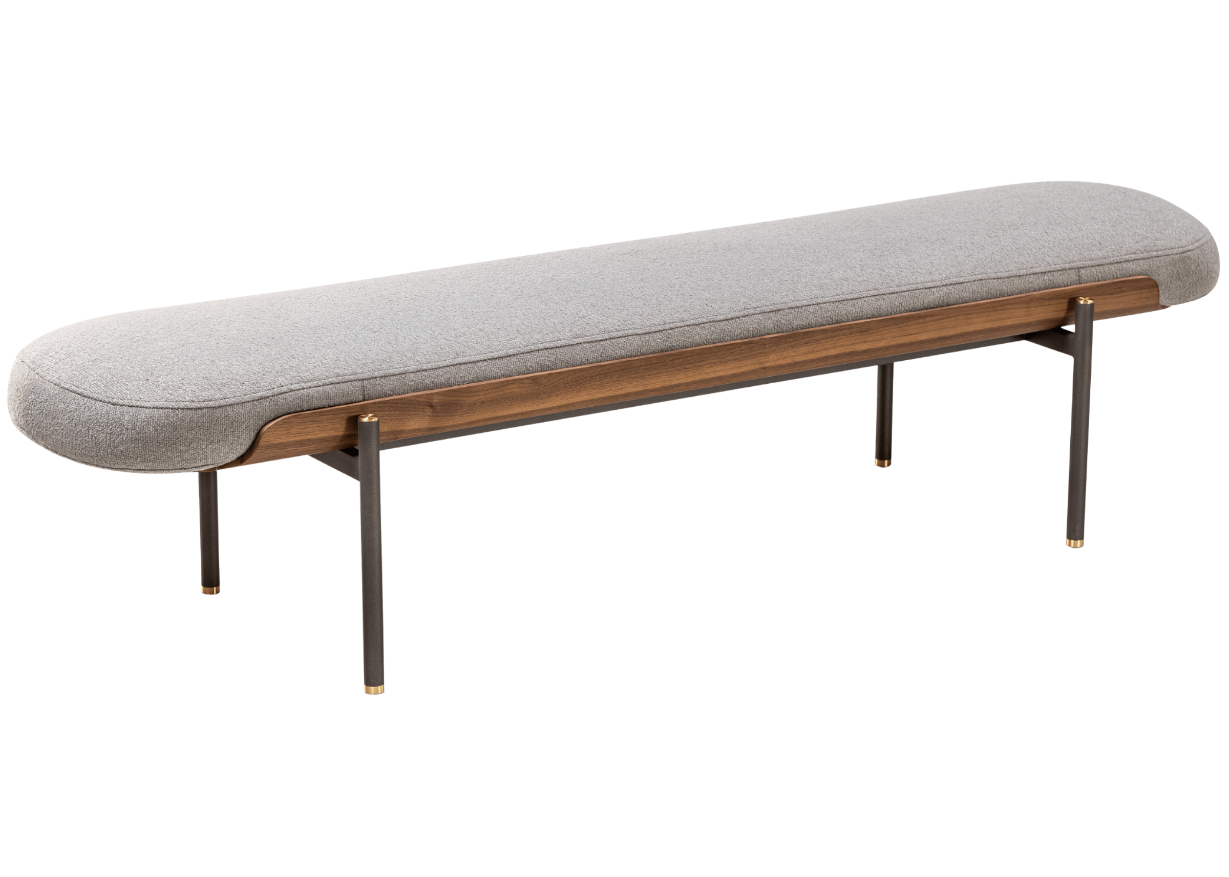 Banco modelo Eros com detalhe em madeira e base em metalizado cappuccino. Design contemporâneo e marcante, ideal para composições sofisticadas, apresentado sobre fundo neutro.
