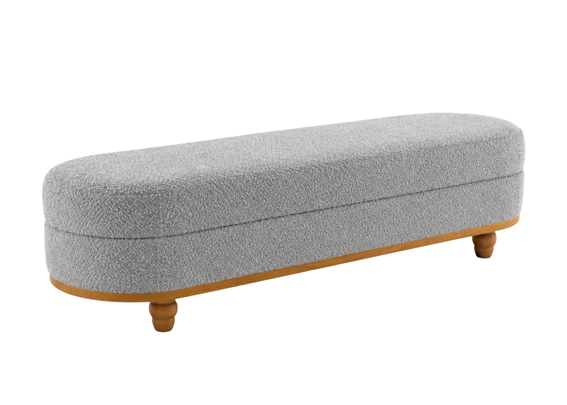 Banco Fiore com design moderno, estrutura em madeira e revestimento em bouclé off white, ideal para compor ambientes sofisticados.