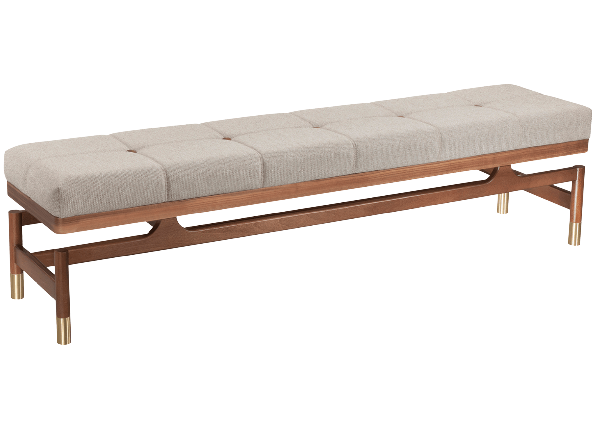 Banco modelo Gucci com estrutura em madeira tingida natural e assento estofado. Design refinado com estética orgânica, ideal para composições elegantes, apresentado sobre fundo neutro.