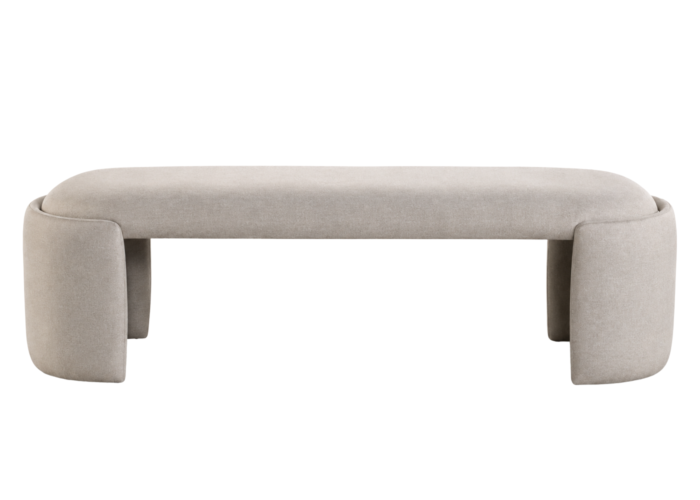Banco Kenny com revestimento em tecido cinza claro, apresentando conforto, elegância e design sofisticado, ideal para compor ambientes modernos e refinados.