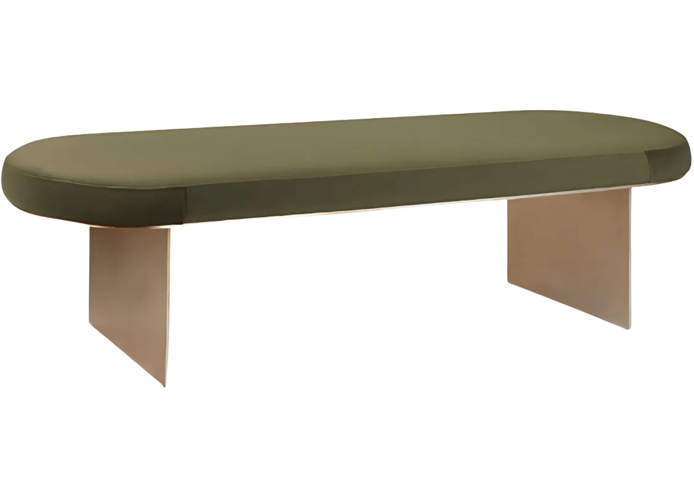 Banco Luck de dois lugares em veludo verde com base em inox dourado. Design sofisticado para complementar salas, closets ou halls de entrada.