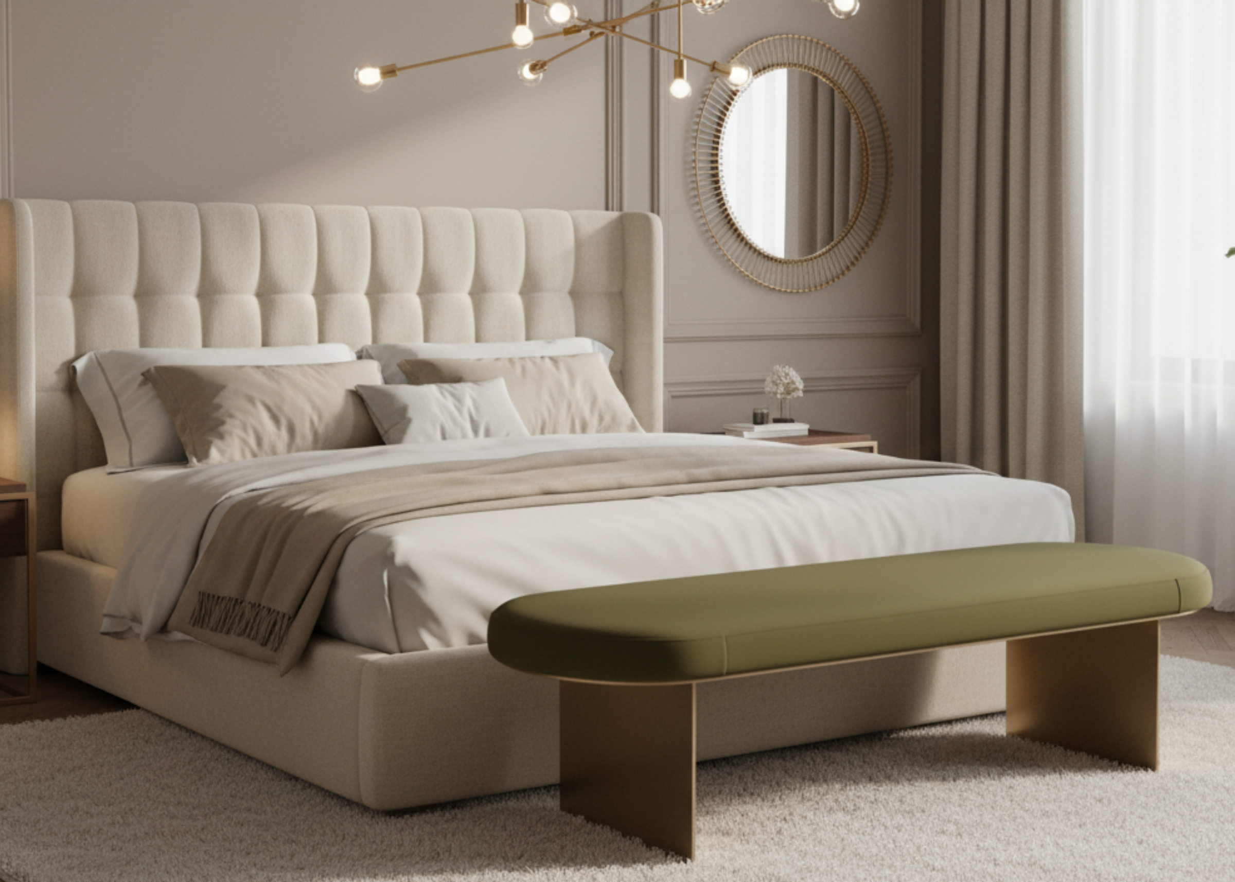 Banco Luck, ideal para compor quartos sofisticados com seu design elegante e acabamento de alto padrão, unindo conforto e estilo em um único móvel.