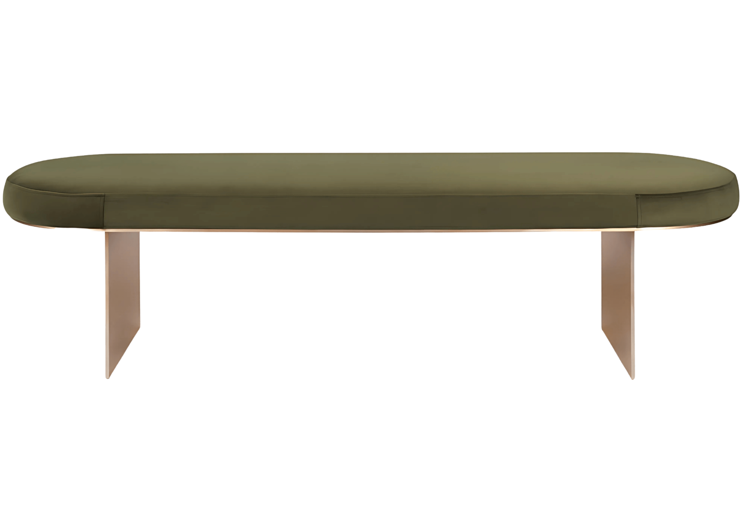 Banco modelo Luck com assento em veludo verde e base em inox dourado. Design sofisticado e contemporâneo, ideal para ambientes elegantes, apresentado sobre fundo neutro.

