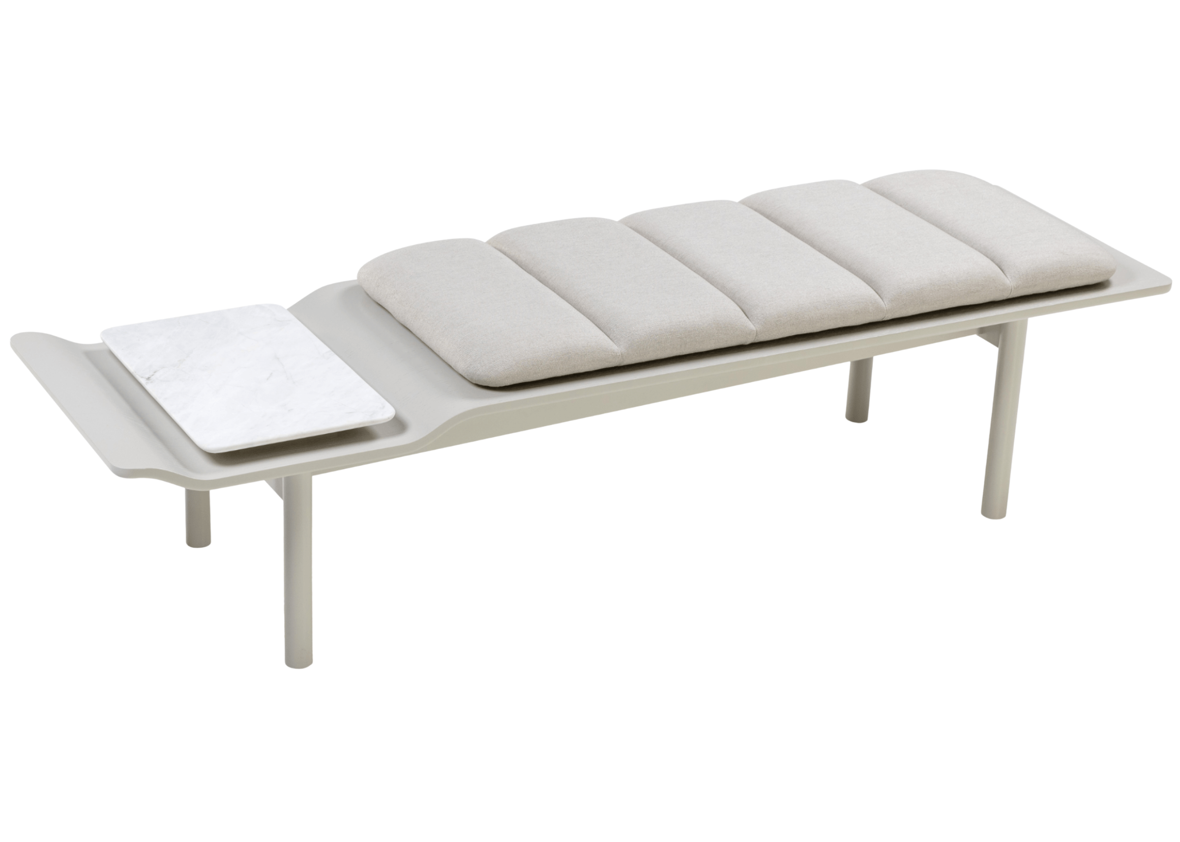 Banco modelo Luzia com detalhe em mármore natural e assento estofado. Design refinado e contemporâneo, ideal para composições sofisticadas, apresentado sobre fundo neutro.
