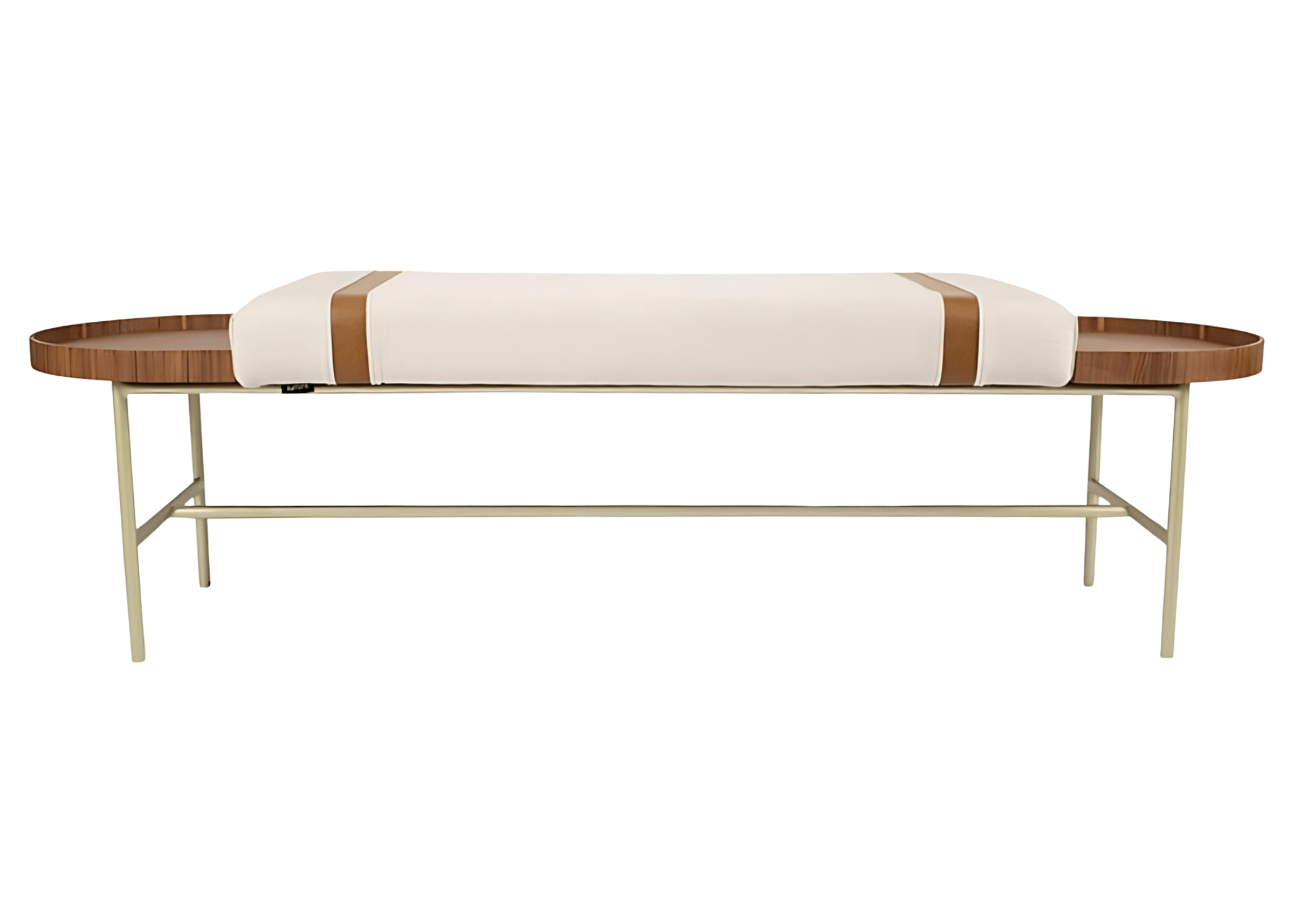 Banco modelo Milan com detalhe de bandeja em recouro e base em aço carbono. Design funcional e sofisticado, ideal para ambientes contemporâneos, apresentado sobre fundo neutro.