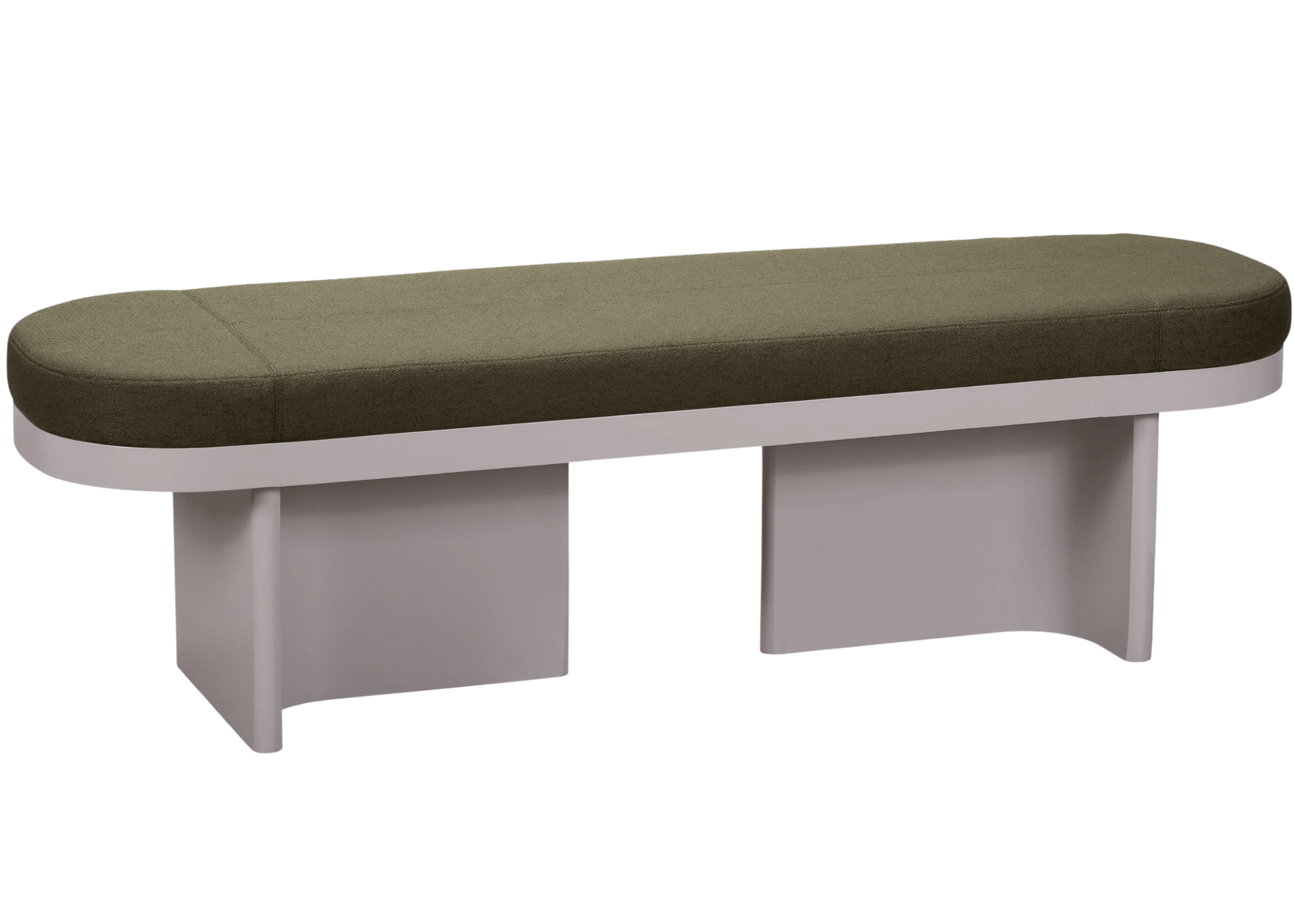Banco modelo Nilo com assento em tecido verde e base em laca cinza. Design contemporâneo e elegante, ideal para ambientes sofisticados, apresentado sobre fundo neutro.