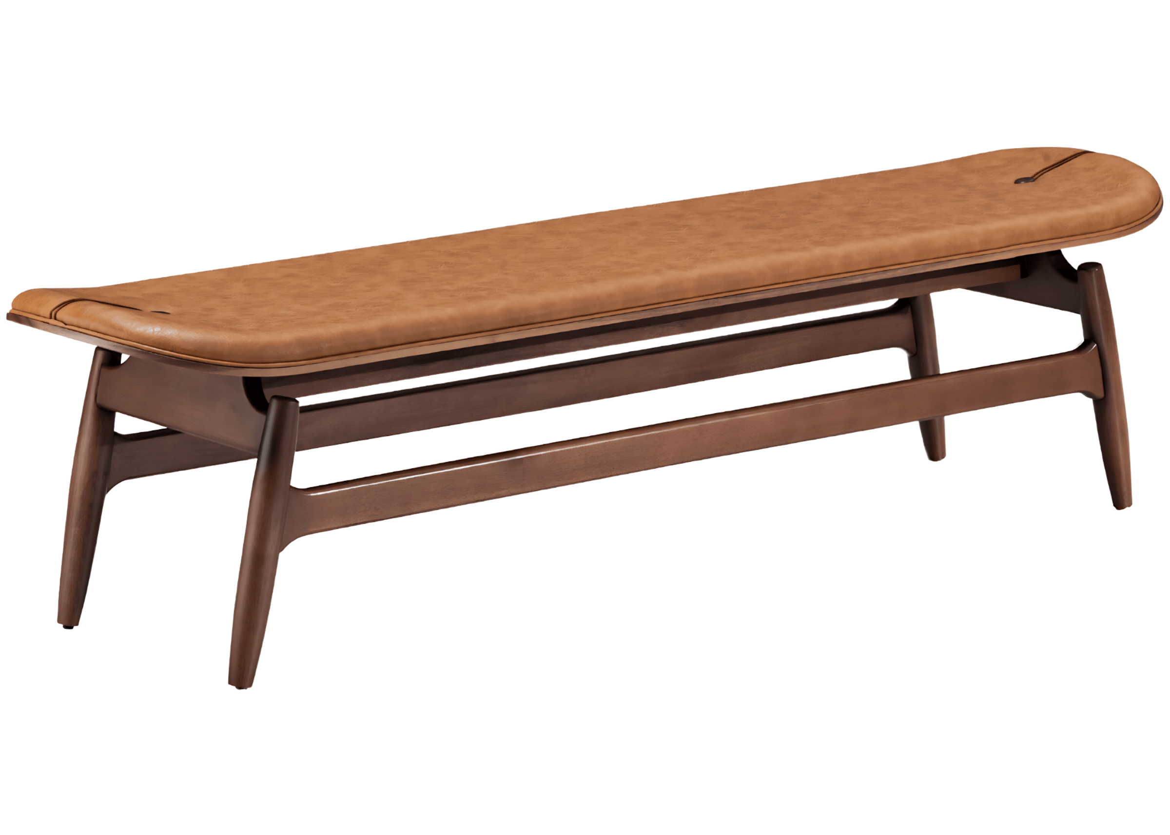 Banco modelo Roma com assento em couríssimo caramelo e estrutura minimalista. Estilo moderno e versátil, ideal para ambientes sofisticados, apresentado sobre fundo neutro.